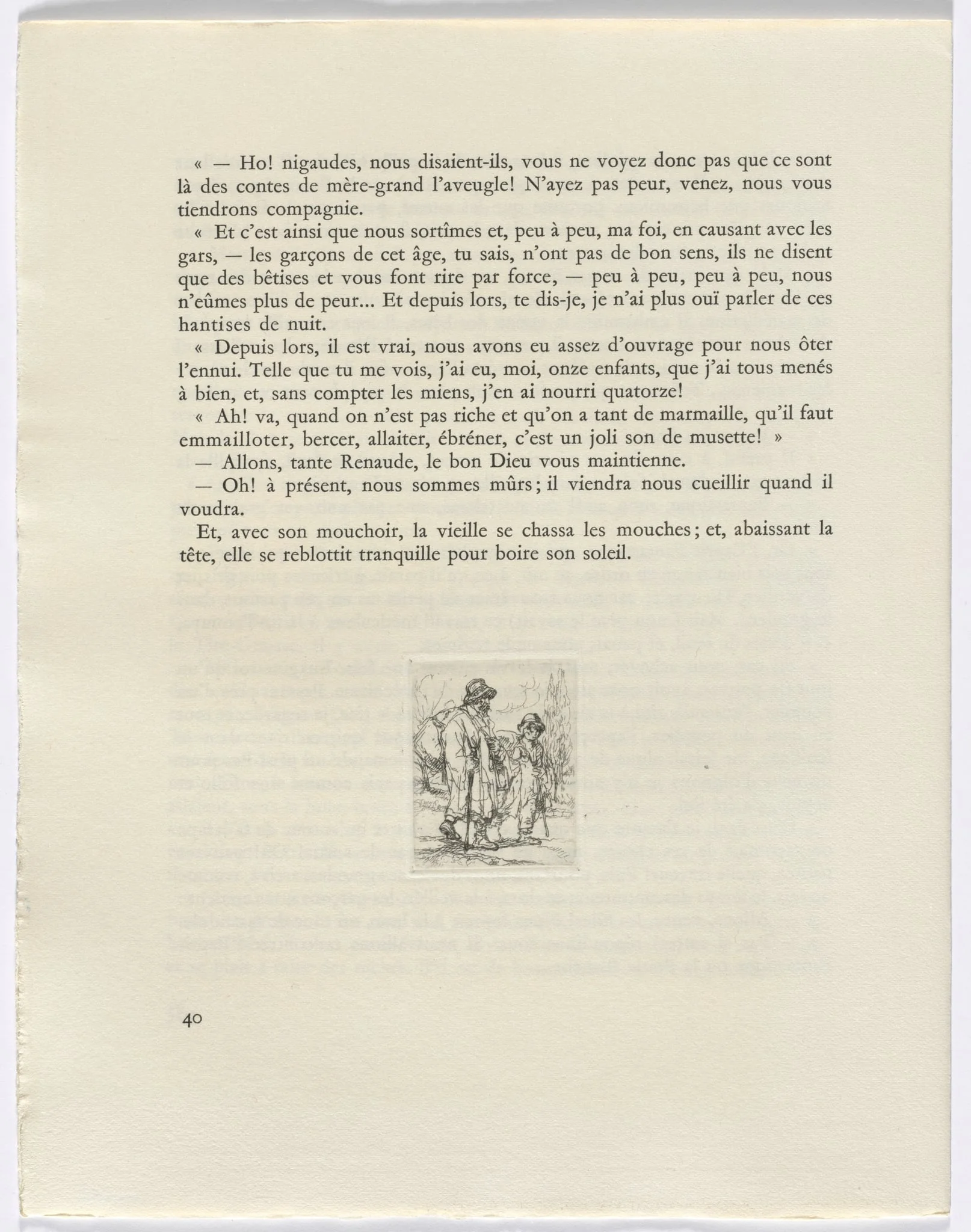 Frédéric Mistral: Mémoires et Recits by Frédéric Mistral: two figures walking (page 40), by Auguste Brouet, 1937