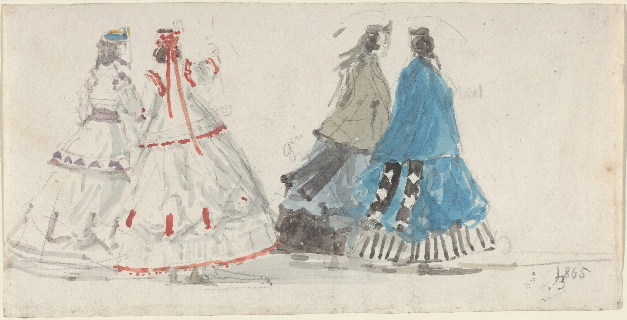 Four Ladies in Crinolines Walking at Trouville