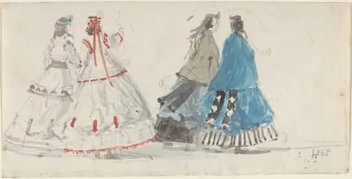 Four Ladies in Crinolines Walking at Trouville