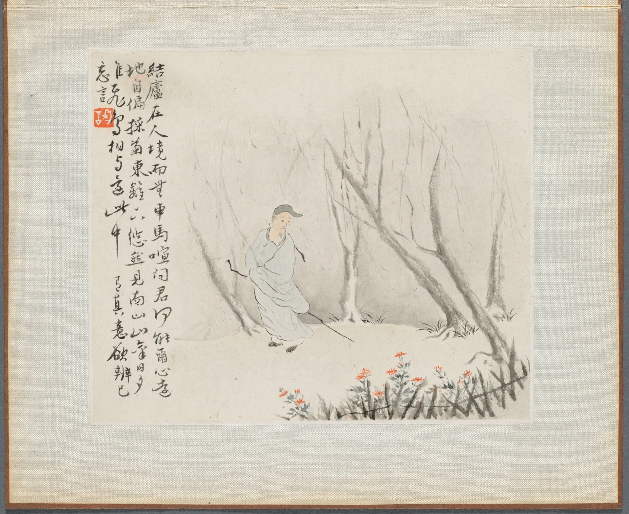 Album of Landscape Paintings Illustrating Old Poems:  Man with a Staff Admires Chrysanthemums at a Fence, by Hua Yan, unspecified, 1745