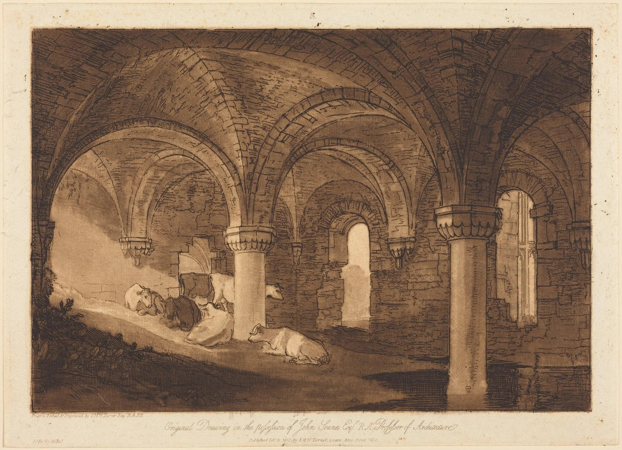 Crypt of Kirkstall Abbey, by Joseph Mallord William Turner, ink, 1812