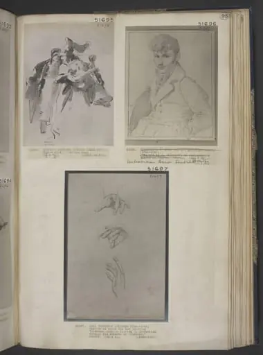 Studies in pencil of four hands for "Cimabue's Madonna carried in procession through the streets of Florence"