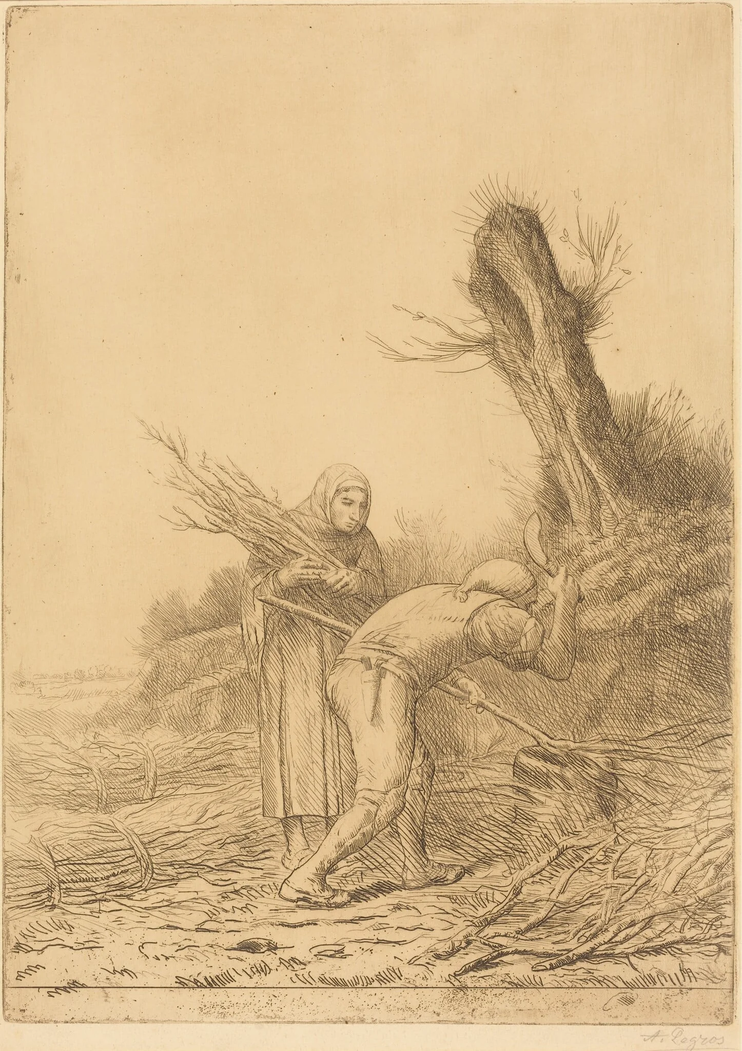 Fagot-makers (Les faiseurs de fagots), by Alphonse Legros, ink, 1874
