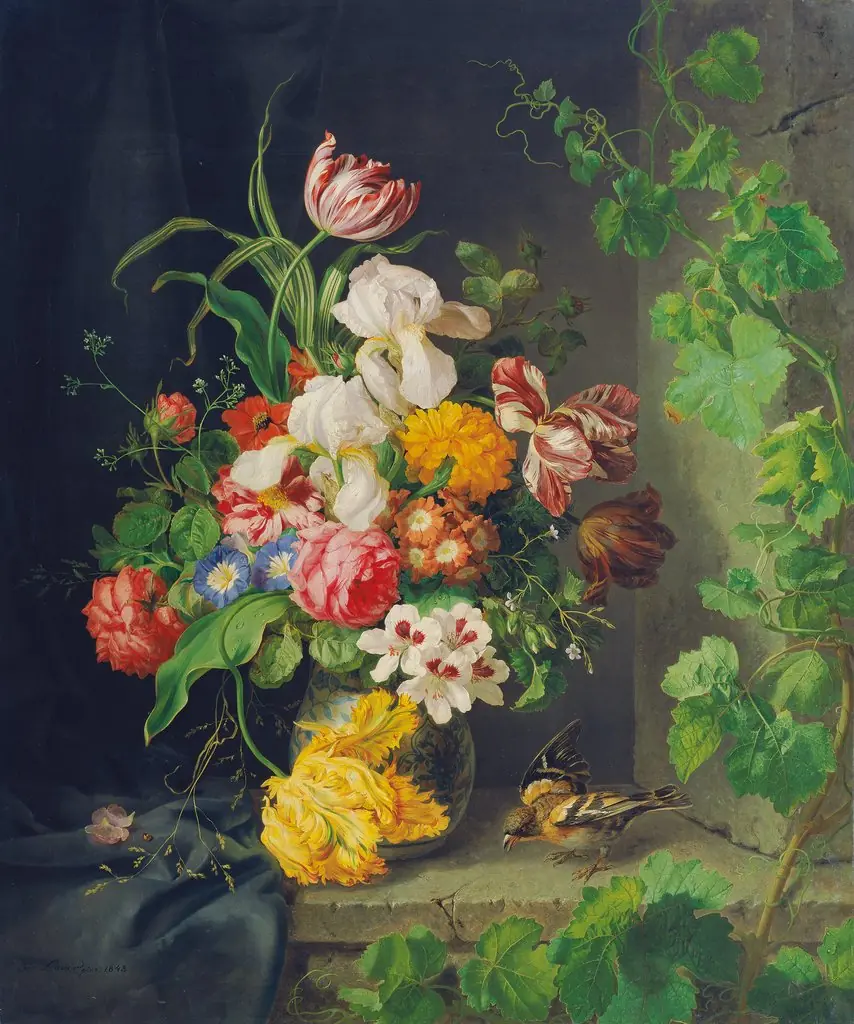 Still life with flowers, sparrow and vine branch