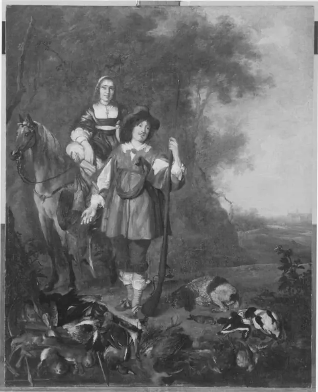 Double portrait of a man and of a woman on horseback