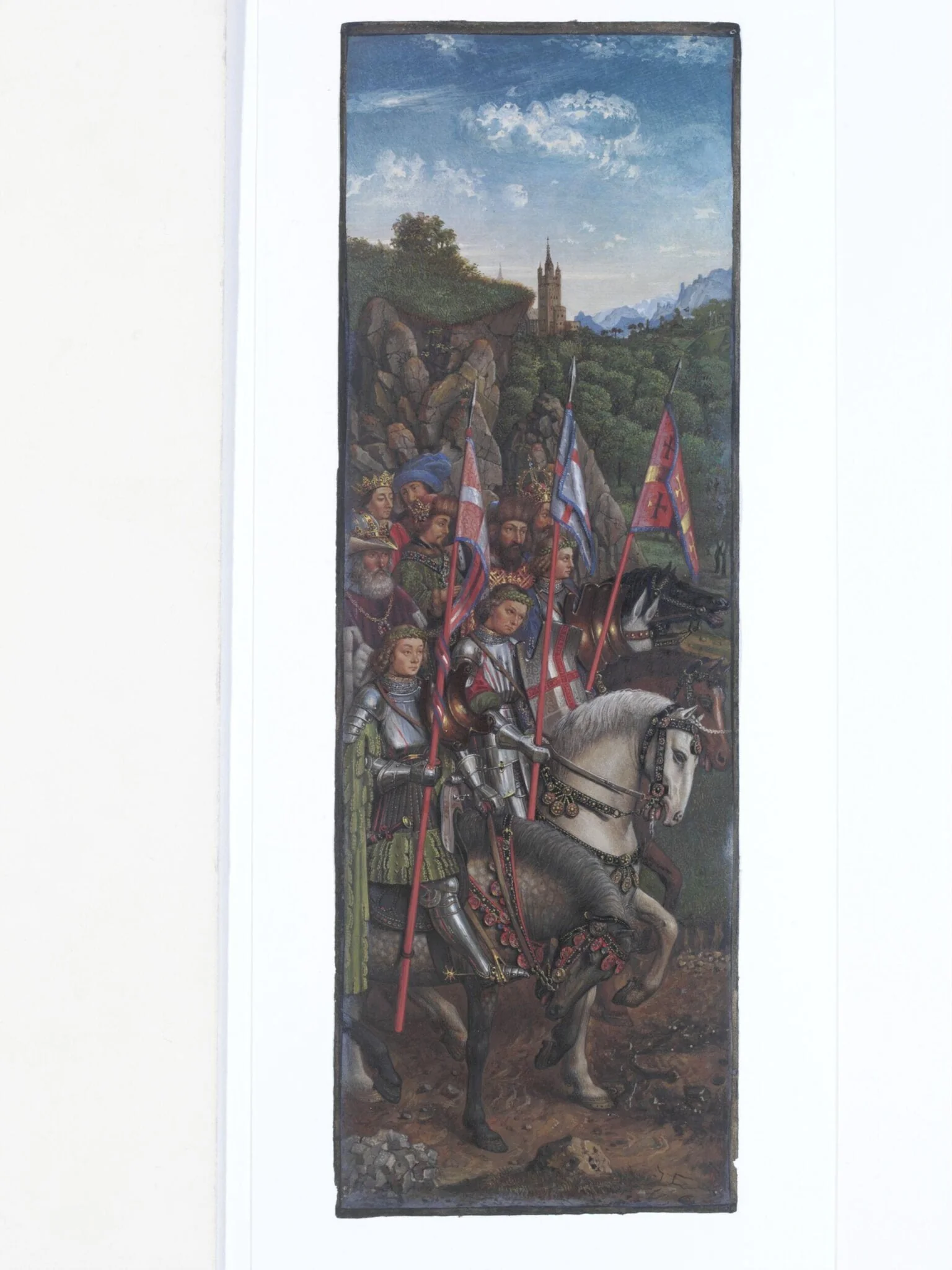 Copy of a detail of the Ghent Altarpiece, Knights of Christ, by Hubert and Jan van Eyck in the church of St. Bavon, Ghent., by Christian Schultz, watercolor, 1864