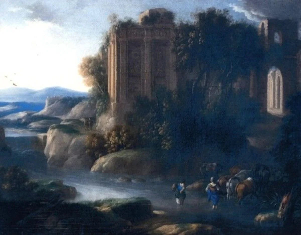 Peisaj cu ruine, personaje și animale, by Antoine Benoît Dubois, unspecified