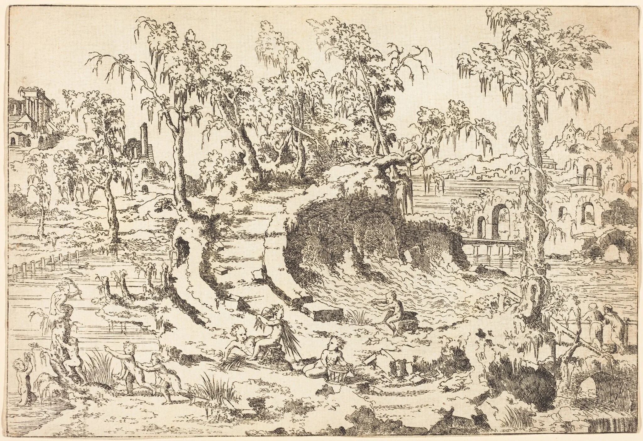Putti Playing in a Fanciful Landscape, by Jean Cousin the Younger, ink, 1558