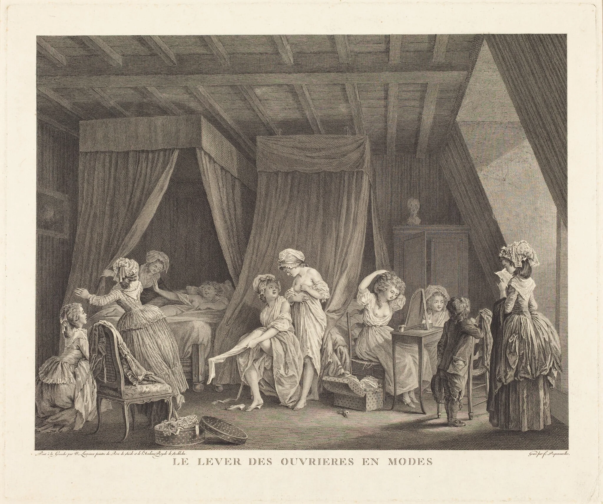 Le lever des ouvrieres en modes, by Francois-Nicolas-Barthelemy Dequevauviller, ink, 1784