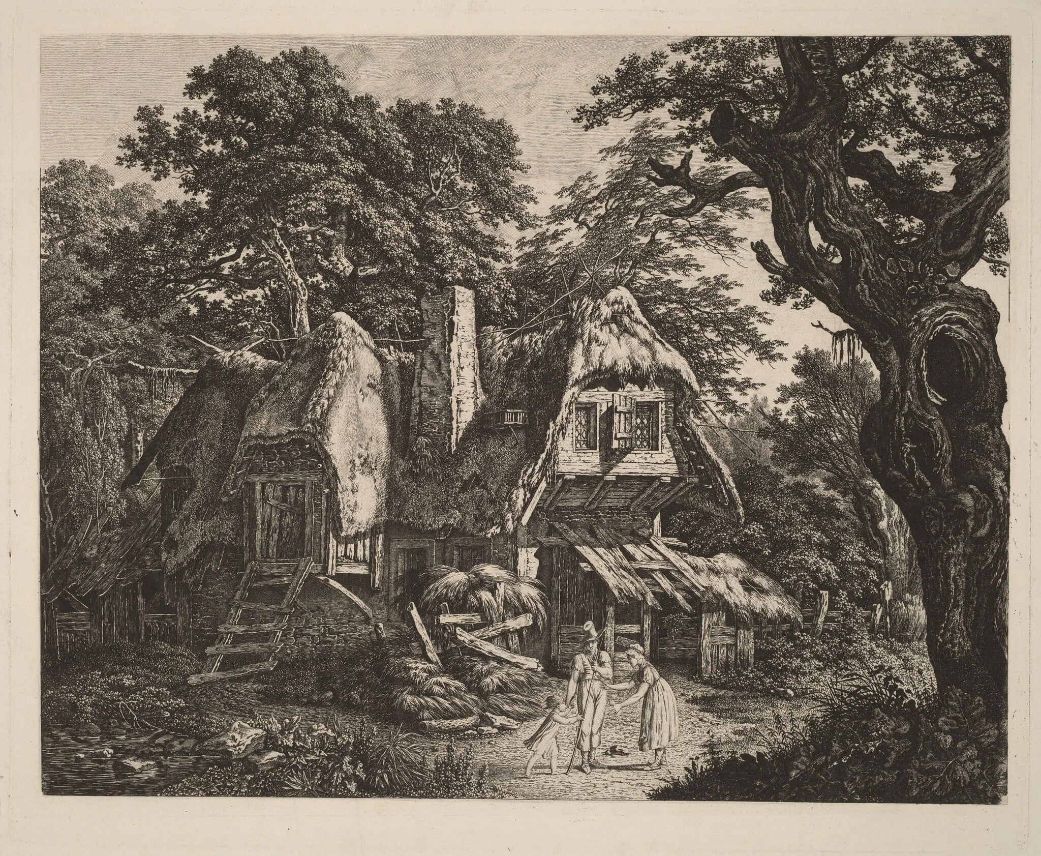 Straw-Thatched Hut with Landscape and Figures, by Carl Wilhelm Kolbe, ink, 1808