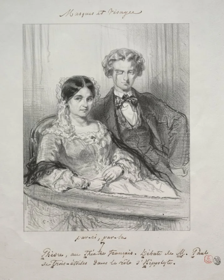 Masques et visages: Paric, par-la:  Phèdre au Théâtre-Francais Debut de M. Paul de Trois-Etoiles dans le rôle d'Hippolyte, by Paul Gavarni, 1858