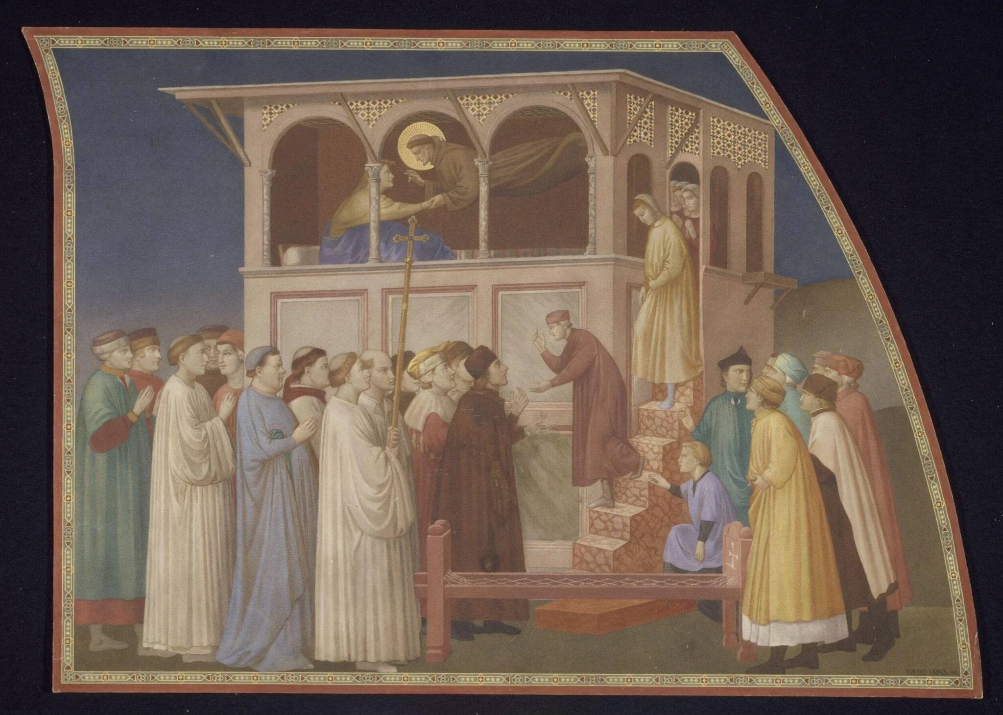 Copy after the painting Posthumous Miracle of St  Francis by a follower of Giotto in the Lower Church,  San Francesco, Assisi, by Edward Kaiser, watercolor, 1874