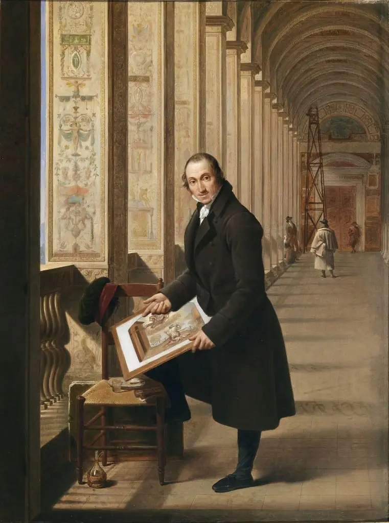 Portret van de graveur Joseph-Charles de Meulemeester aan het werk in de Loggia van het Vaticaan
