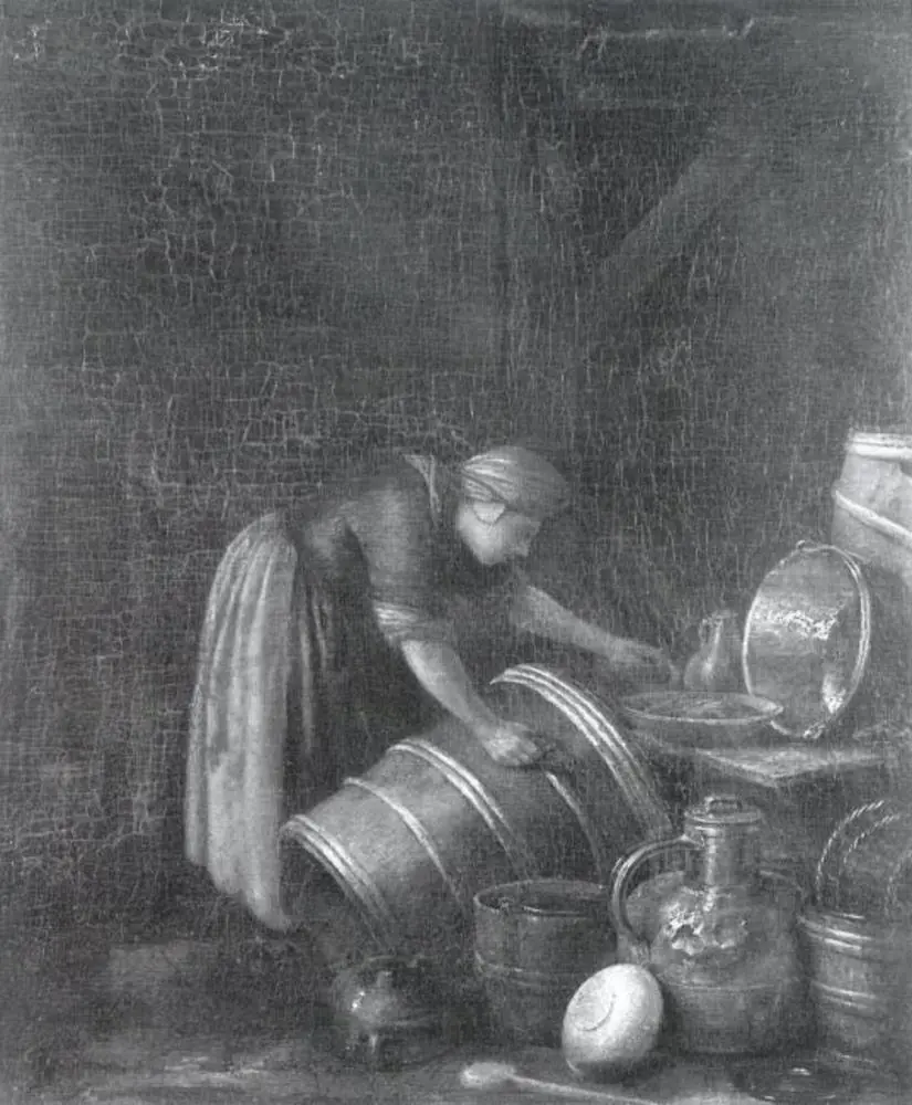 A Woman Scouring a Kitchen Pot