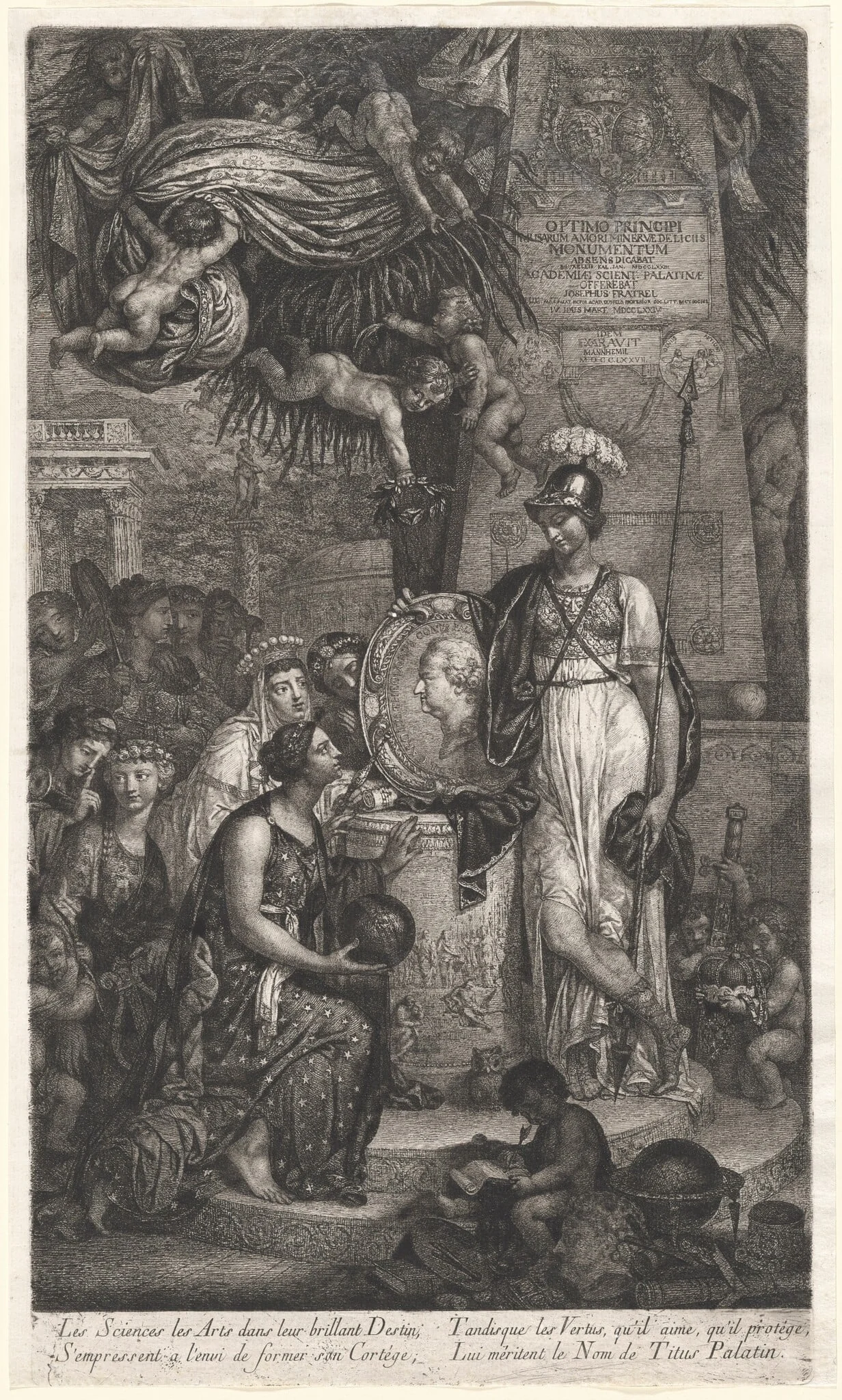 The Personifications of the Arts and Sciences Pay Tribute to Carl Theodor von der Pfalz, by Joseph Fratrel, ink, 1783