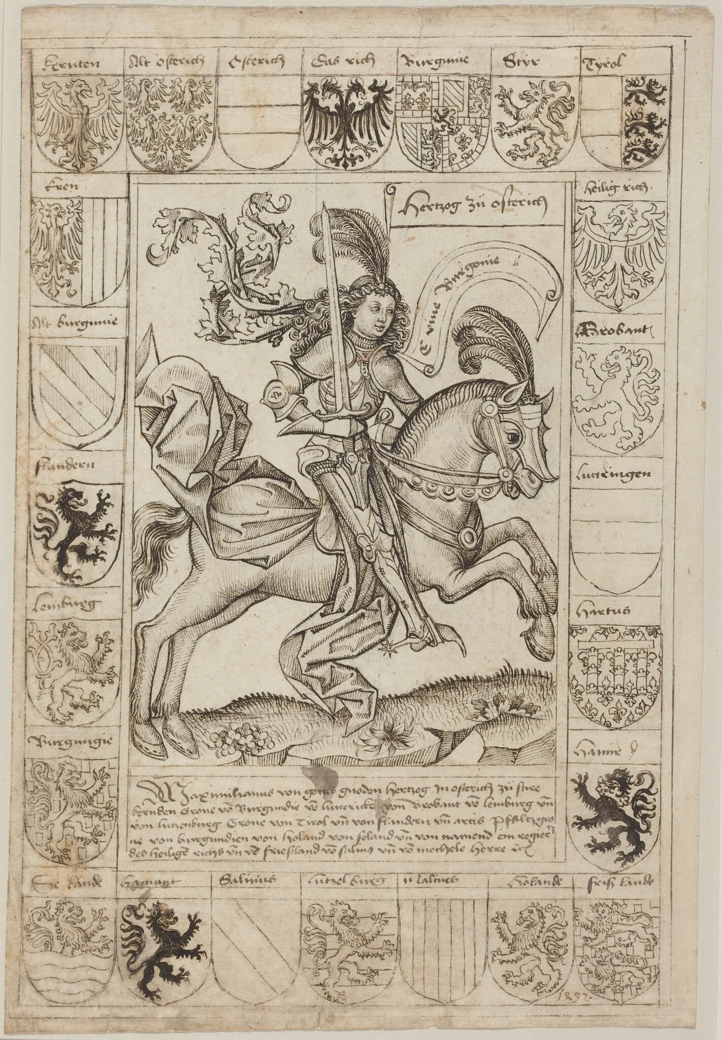 Maximilian, Duke of Austria, on Horseback, by Primary Master of the Strassburg Chronicle, ink, 1492