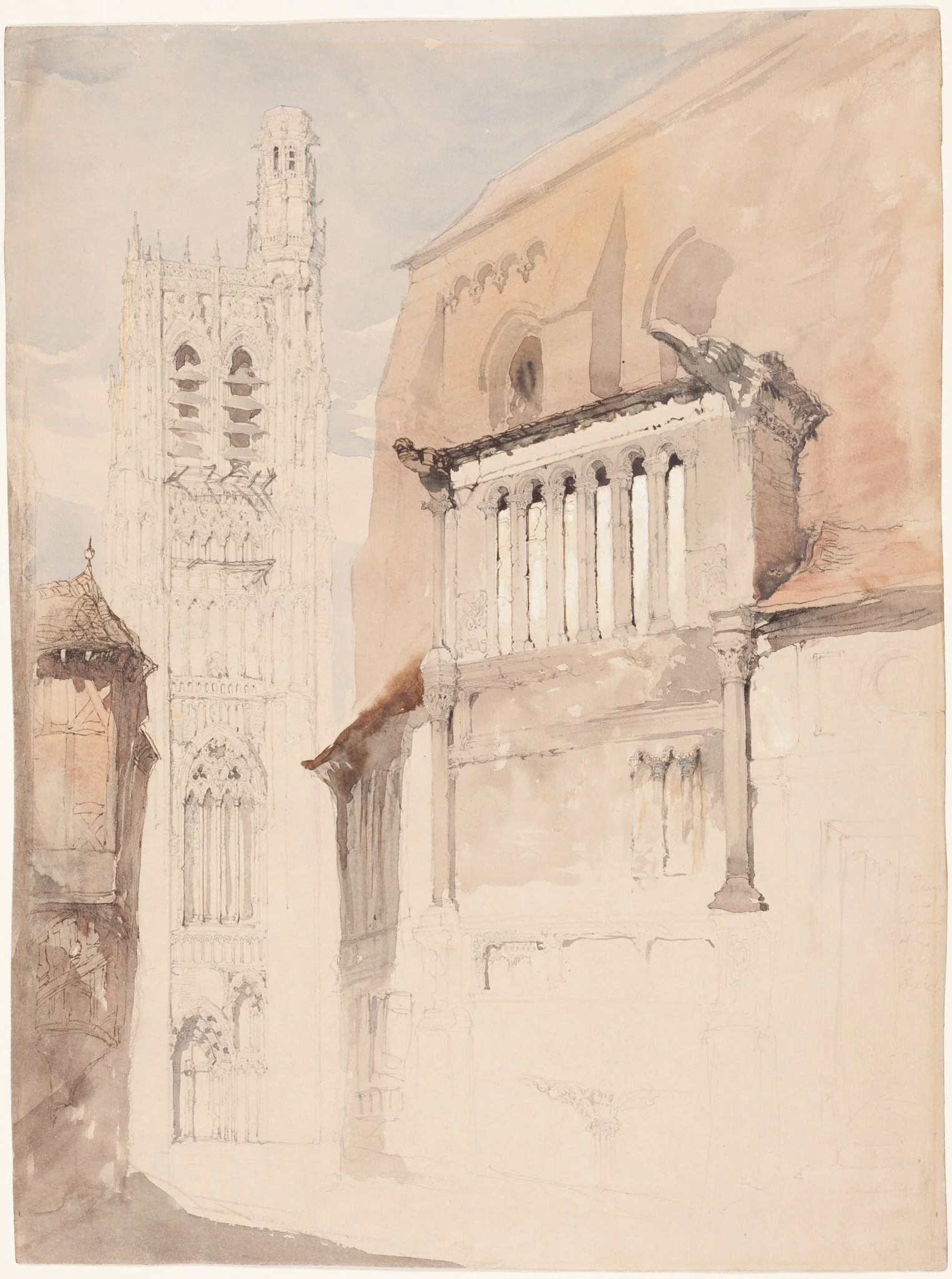 Tower of the Cathedral at Sens, by John Ruskin, ink, 1845
