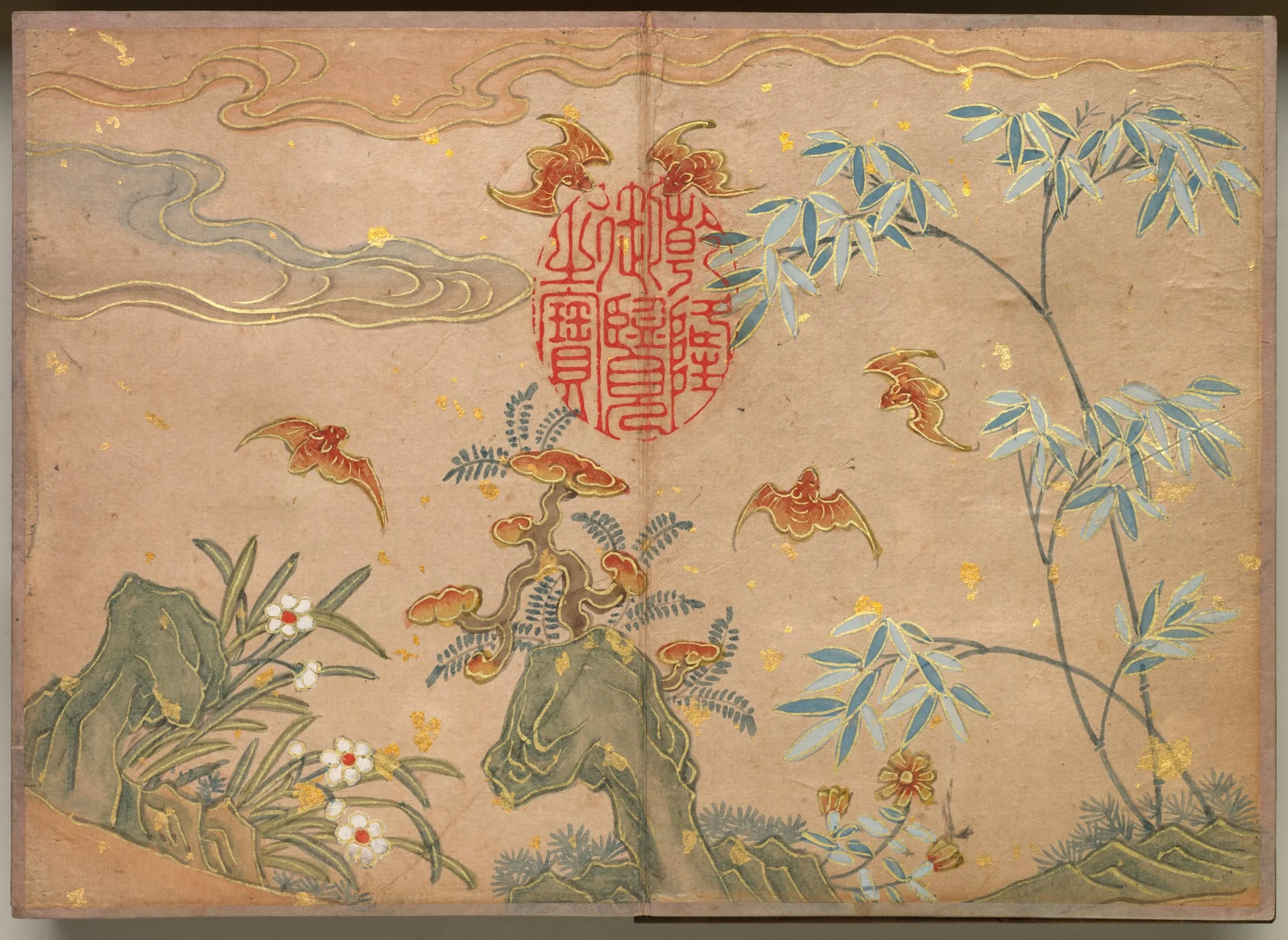 Desk Album: Flower and Bird Paintings (Bats, rocks, flowers oval calligraphy), by Zhang Ruoai, unspecified, 1704