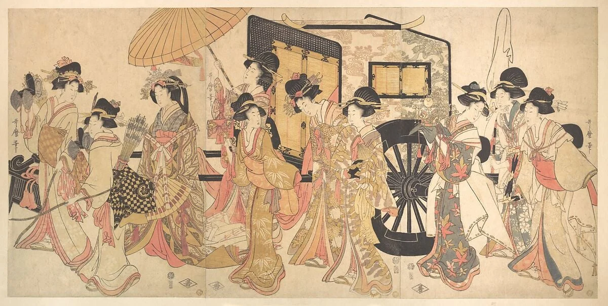 喜多川歌麿画 御所車見立て行列|Courtesans Imitating a Court Procession, by Kitagawa Utamaro, ink, 1806