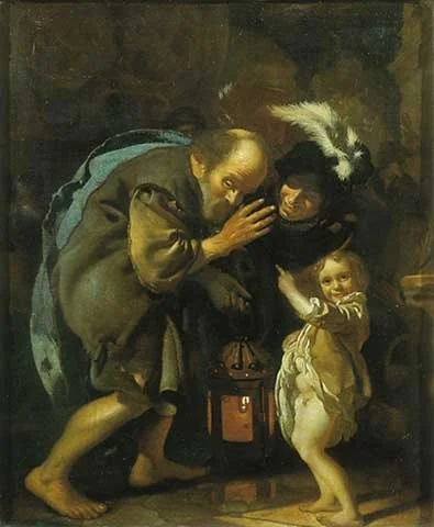 Diogenes searches for an honest person with his lantarn, by Adriaen van der Werff, oil, 1690
