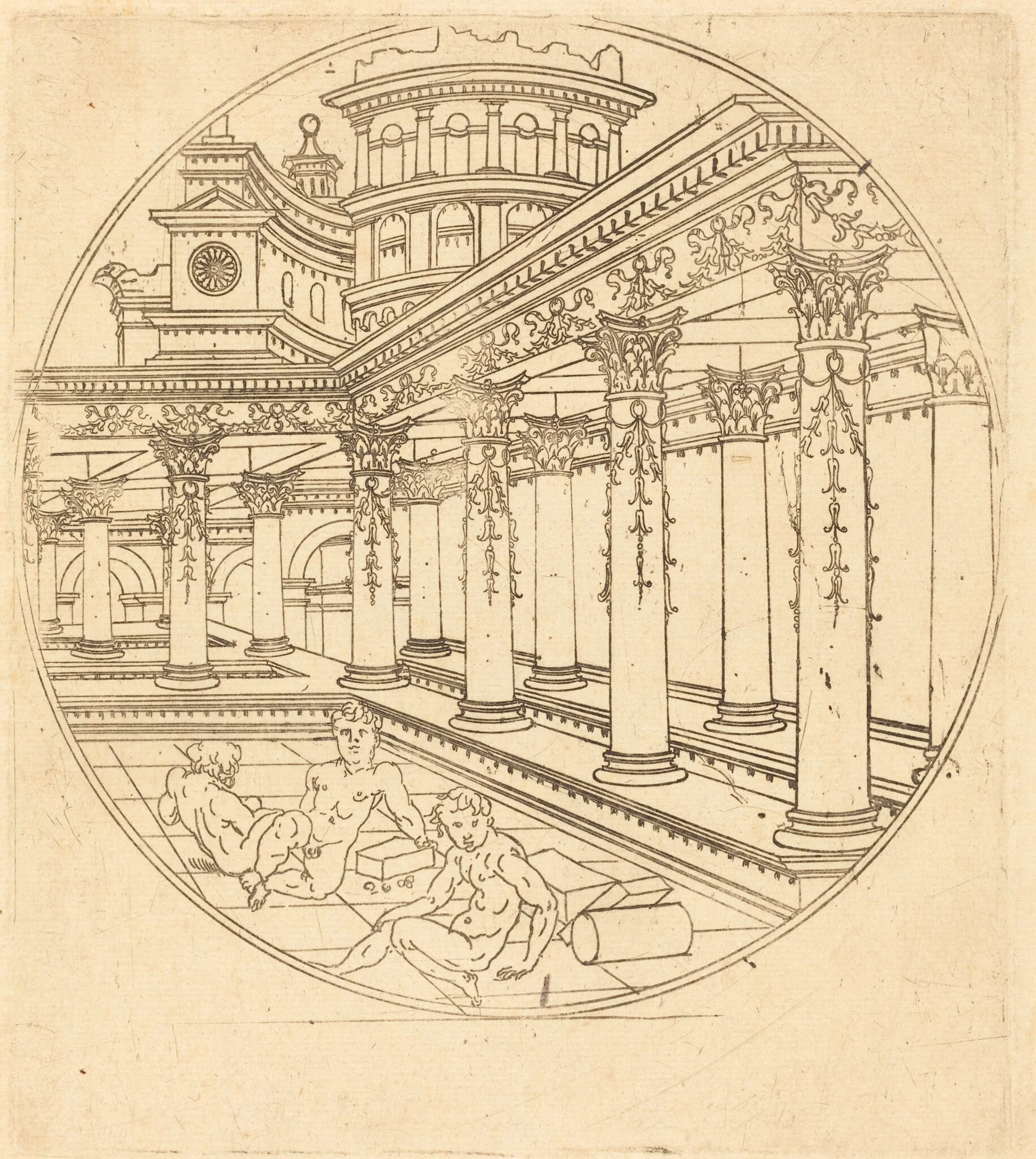 Three Figures in a Gallery, by French 16th Century, ink, 1550
