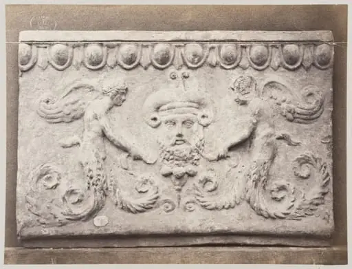 Bas-relief portion of frieze  of masque of Ammon and genii in terra cotta