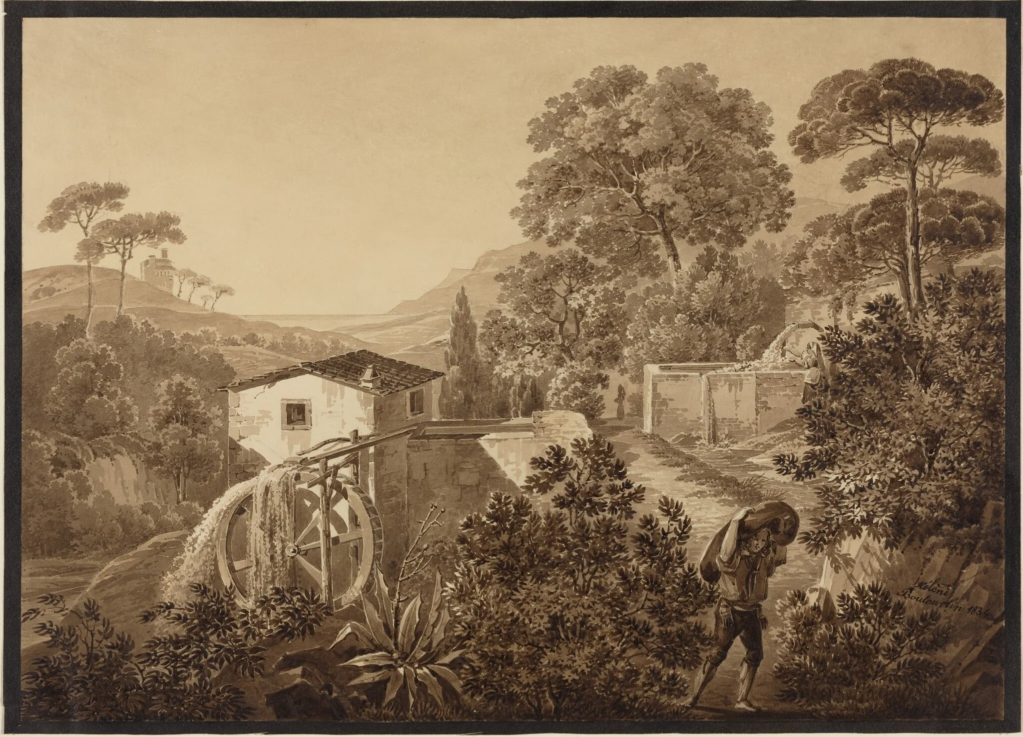 Italian Landscape with a Watermill, by Hélène Boutourlin, graphite, 1834