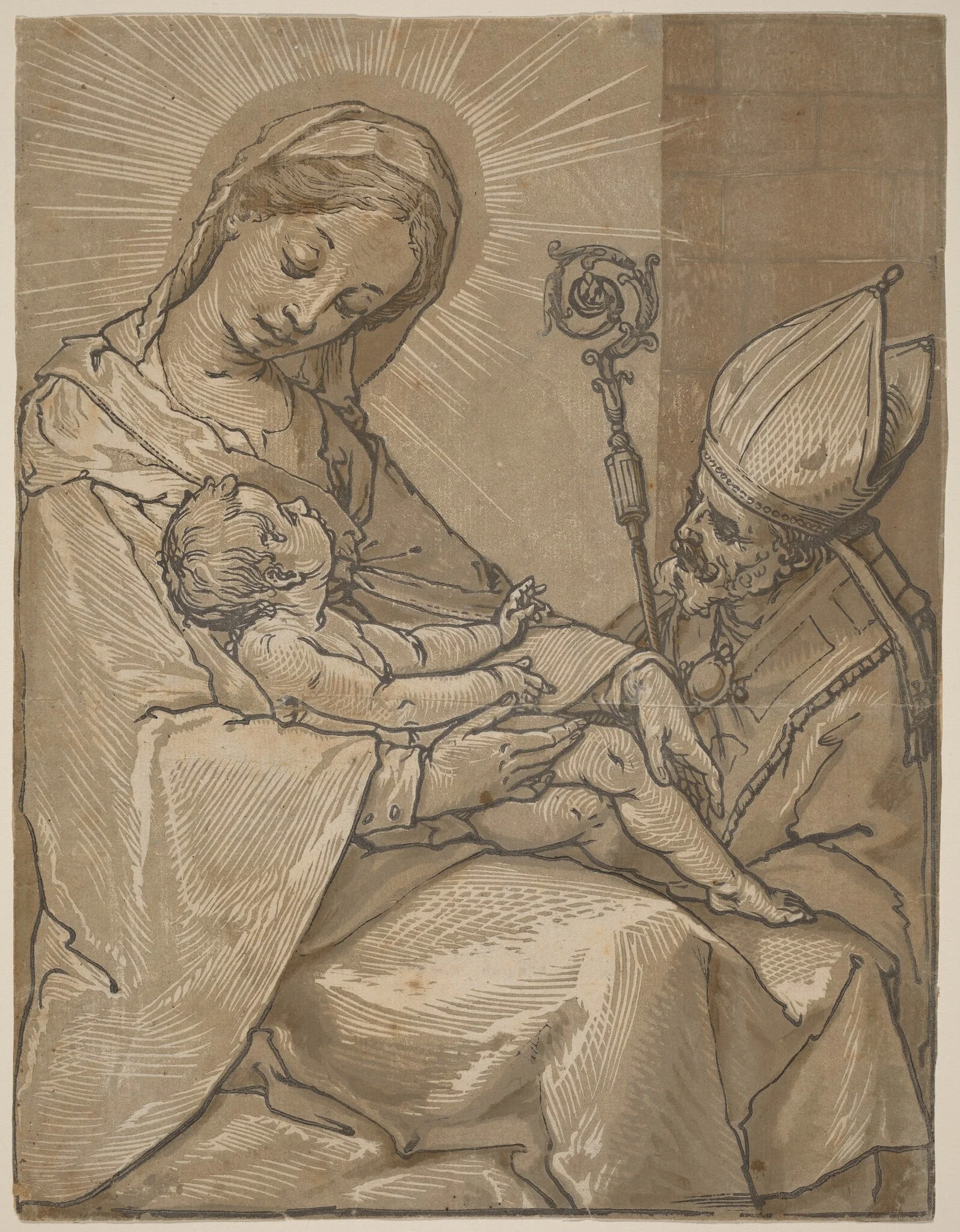 Madonna and Child with a Bishop, by Andrea Andreani, ink, 1591