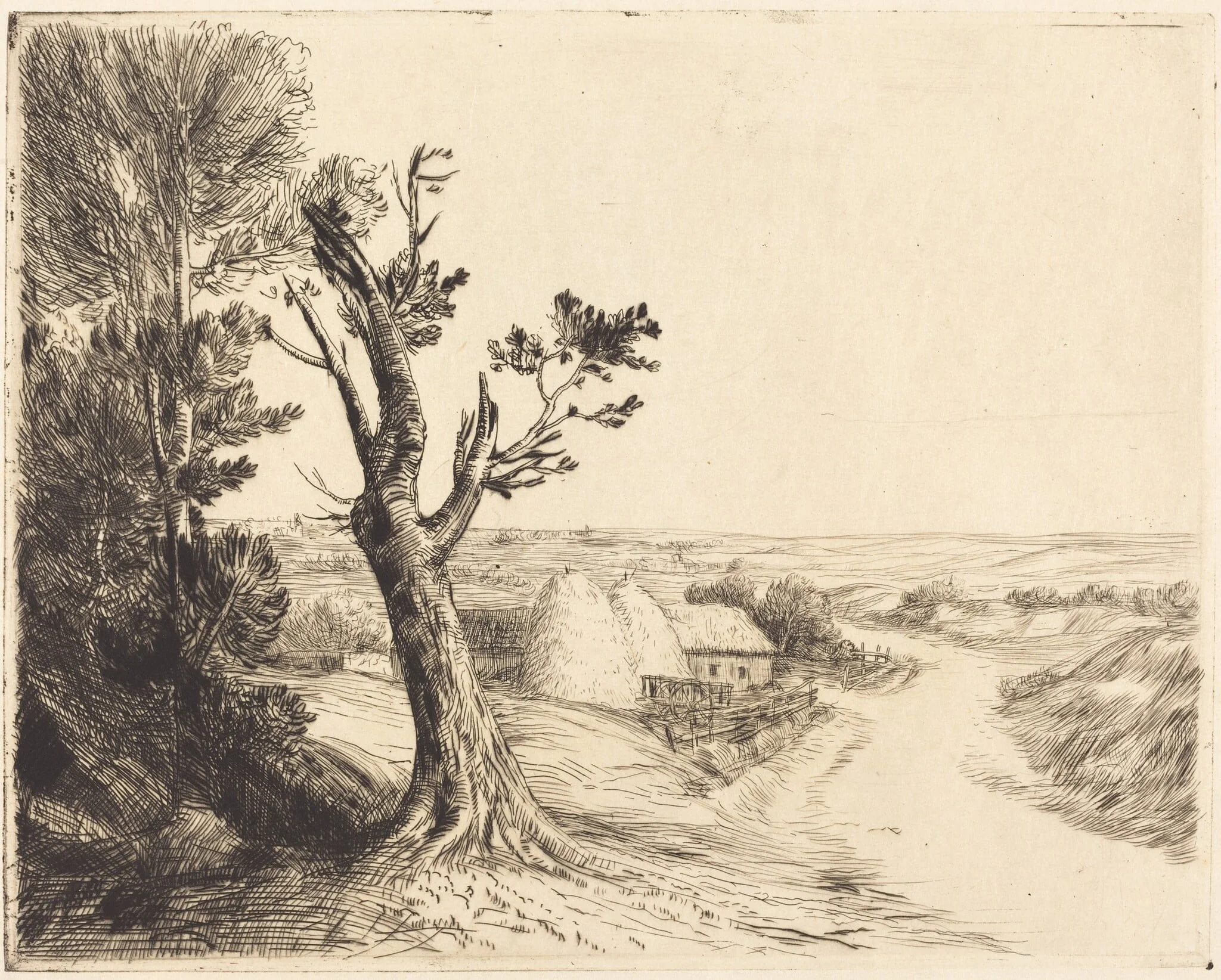 Landscape with Haystacks (Le paysage aux meules), by Alphonse Legros, ink, 1874