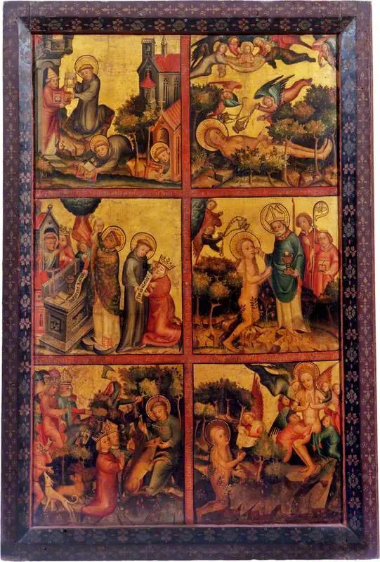 3 Scenes from the Life of St Giles; 3 Scenes from the Life of Saint Mary Magdalen (triptych altarpiece, right wing, outer)