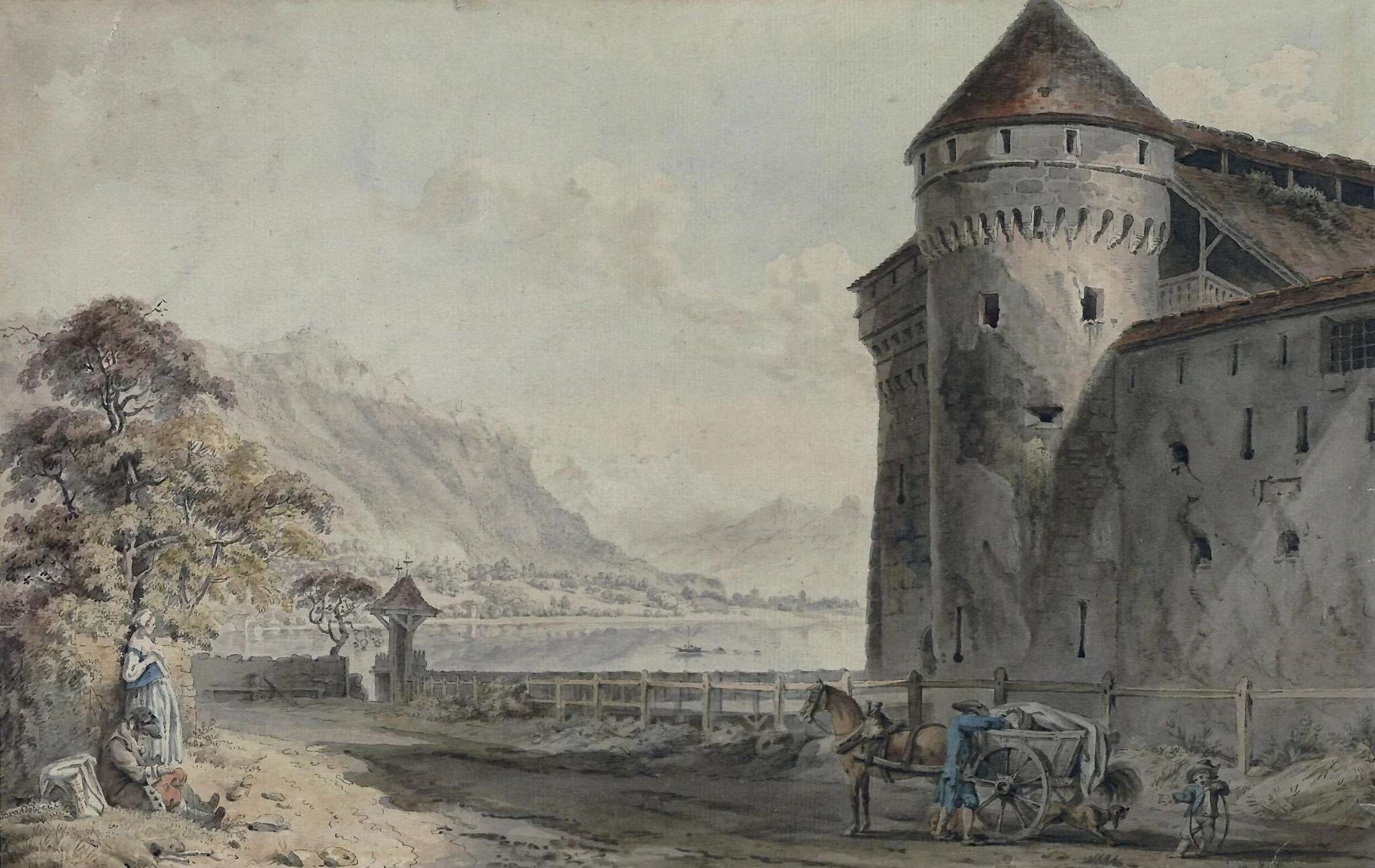 The Castle of Chillon, by Michel Vincent Brandoin, watercolor, 1750