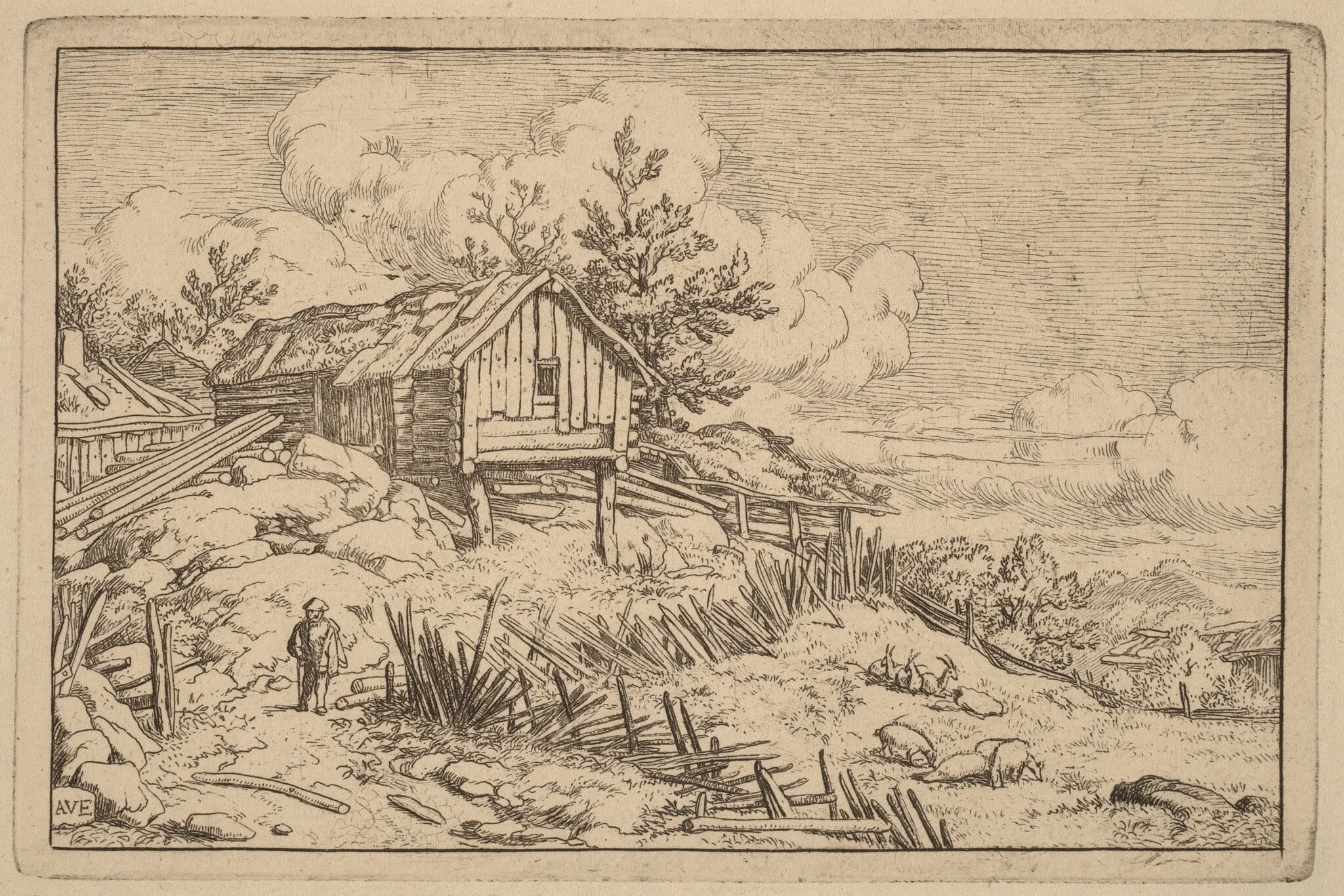 Man near Entry of a Ruinous Hedge, by Allart van Everdingen, ink, 1650