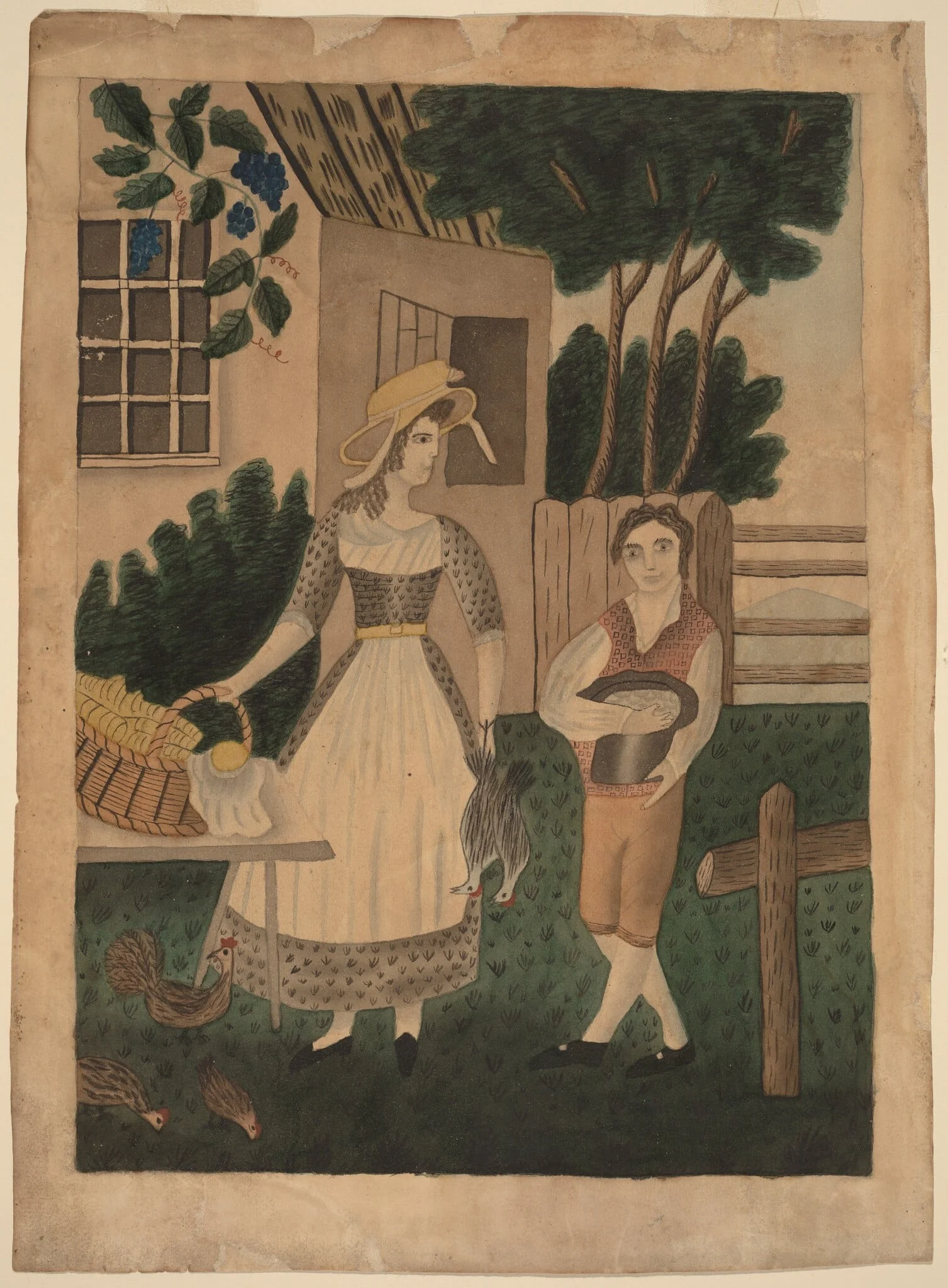Woman and Boy with Provisions, by American 19th Century, graphite, 1840
