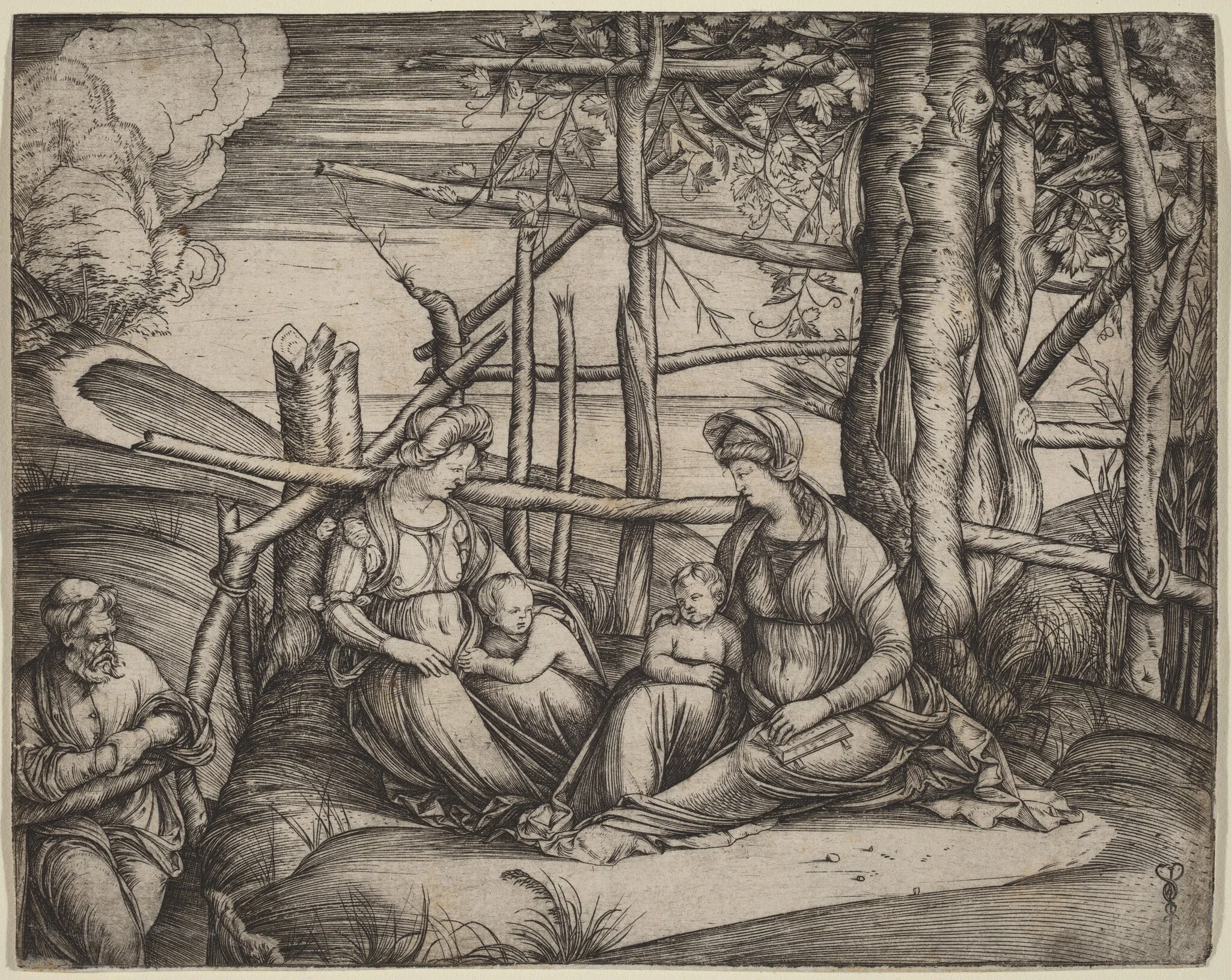 Holy Family with Saint Elizabeth and the Infant Saint John the Baptist, by Jacopo de' Barbari, ink, 1500