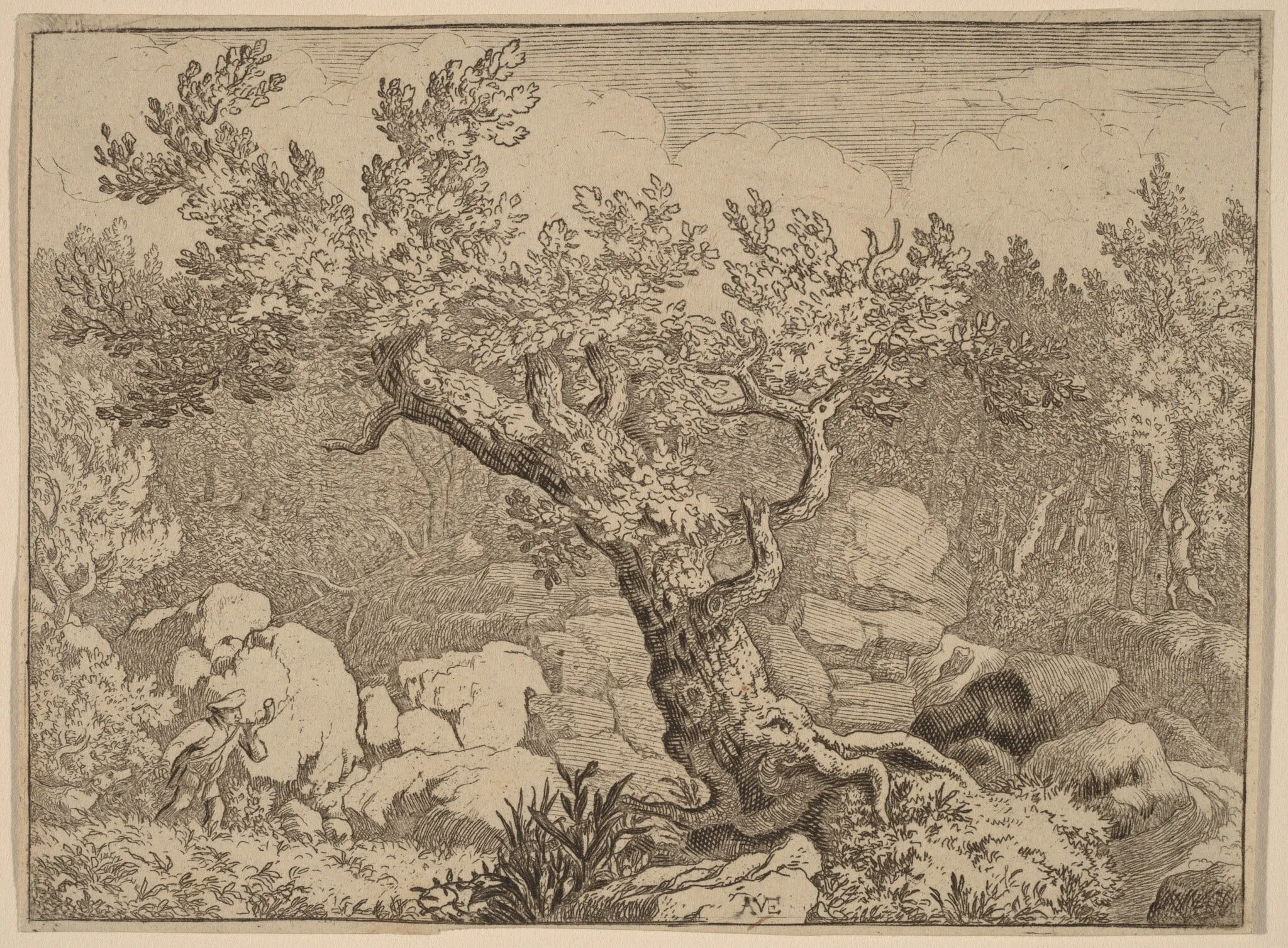 Sportsman near a Large Tree, by Allart van Everdingen, ink, 1650