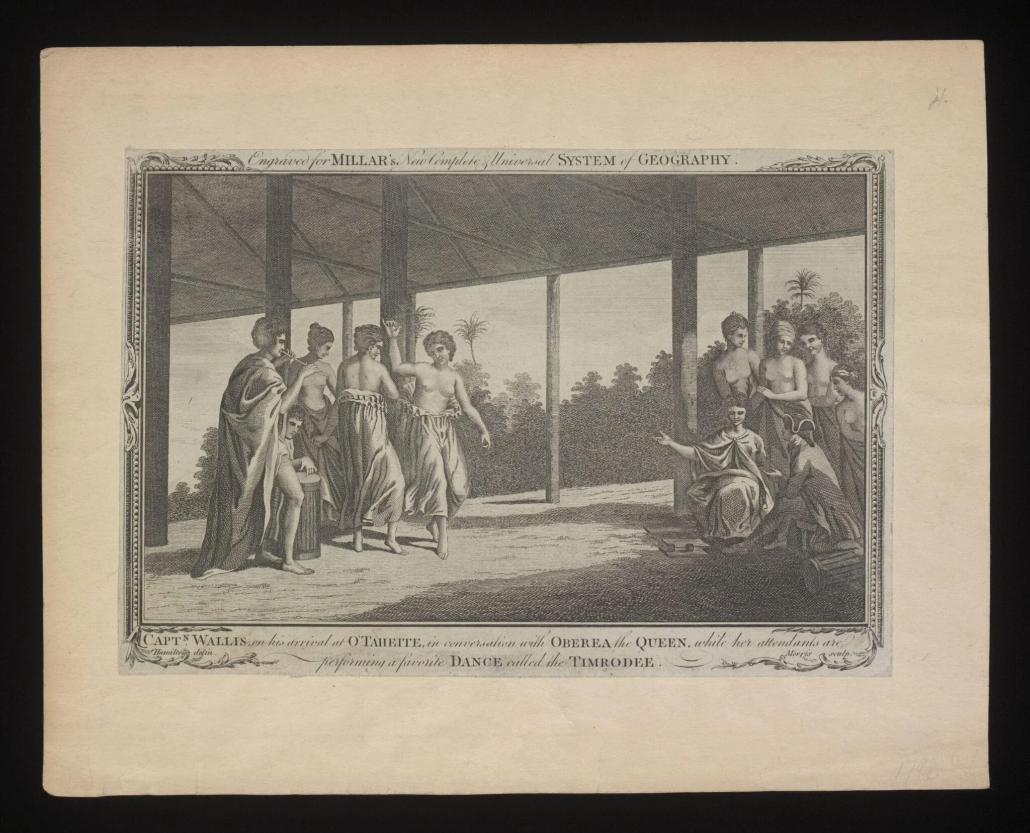 Captn. Wallis on his arrival at O'Taheite, in conversation with Oberea the Queen, while her attendants are performing a favourite Dance called the Timrodee, by Hamilton, 1782