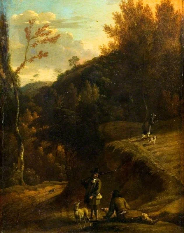 Landscape with Sportsmen Shooting, by Adriaen van de Velde, oil, 1700