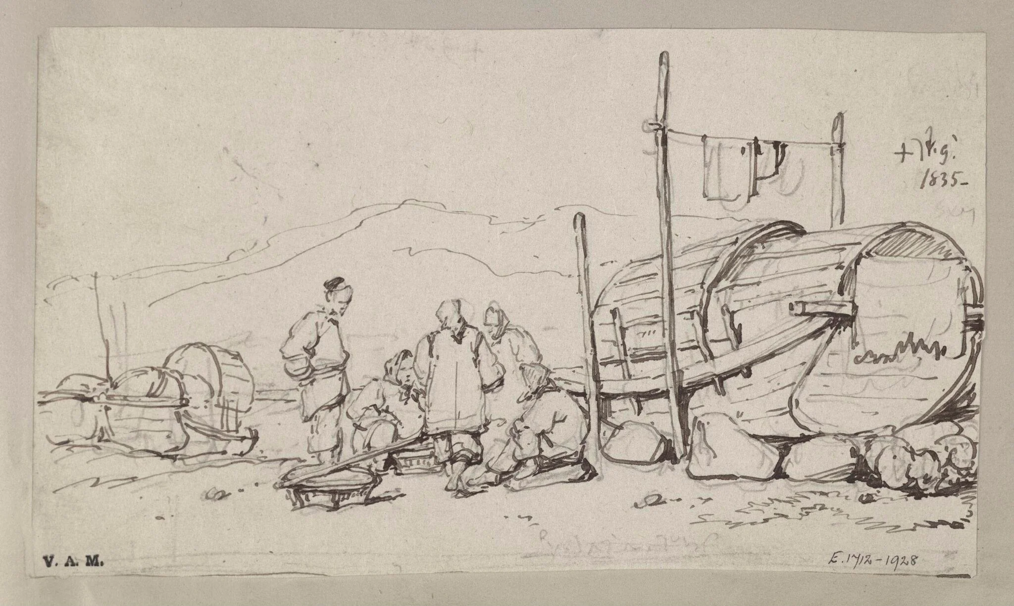 Boatpeople by a Tanka boat raised up on the beach