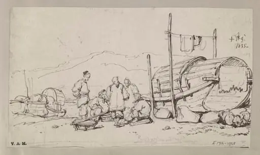 Boatpeople by a Tanka boat raised up on the beach