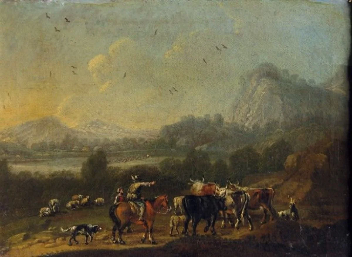 Peisaj cu păstori și țărănci ; pandant: Peisaj cu vite, by Johann Ferdinand Kien, unspecified