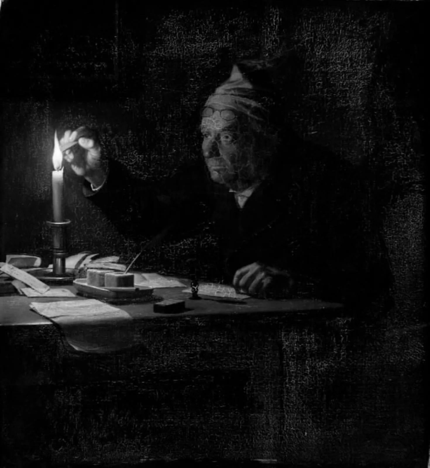 En gammel mand ifærd med at forsegle et brev, by Unknown, 1882
