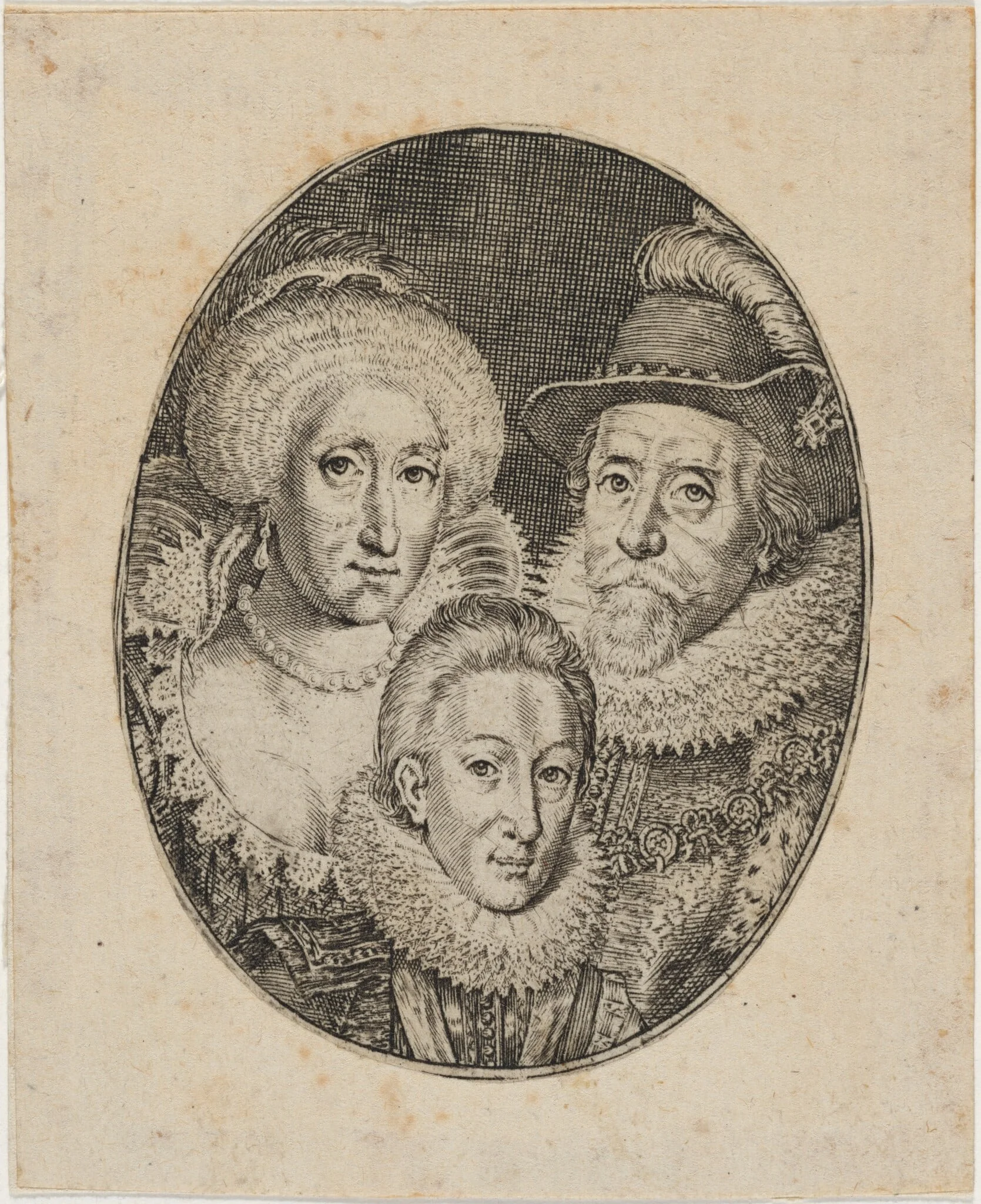 James I, Anne of Denmark, and Prince Charles, by Simon van de Passe, ink, 1621