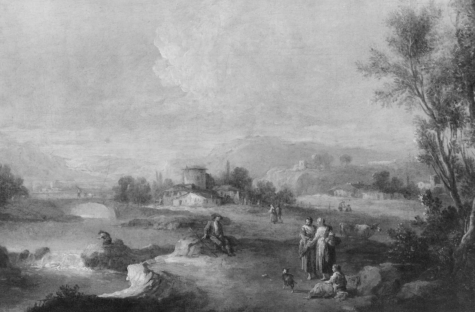 River Landscape with Figures, by Giuseppe Zais, oil, 1755