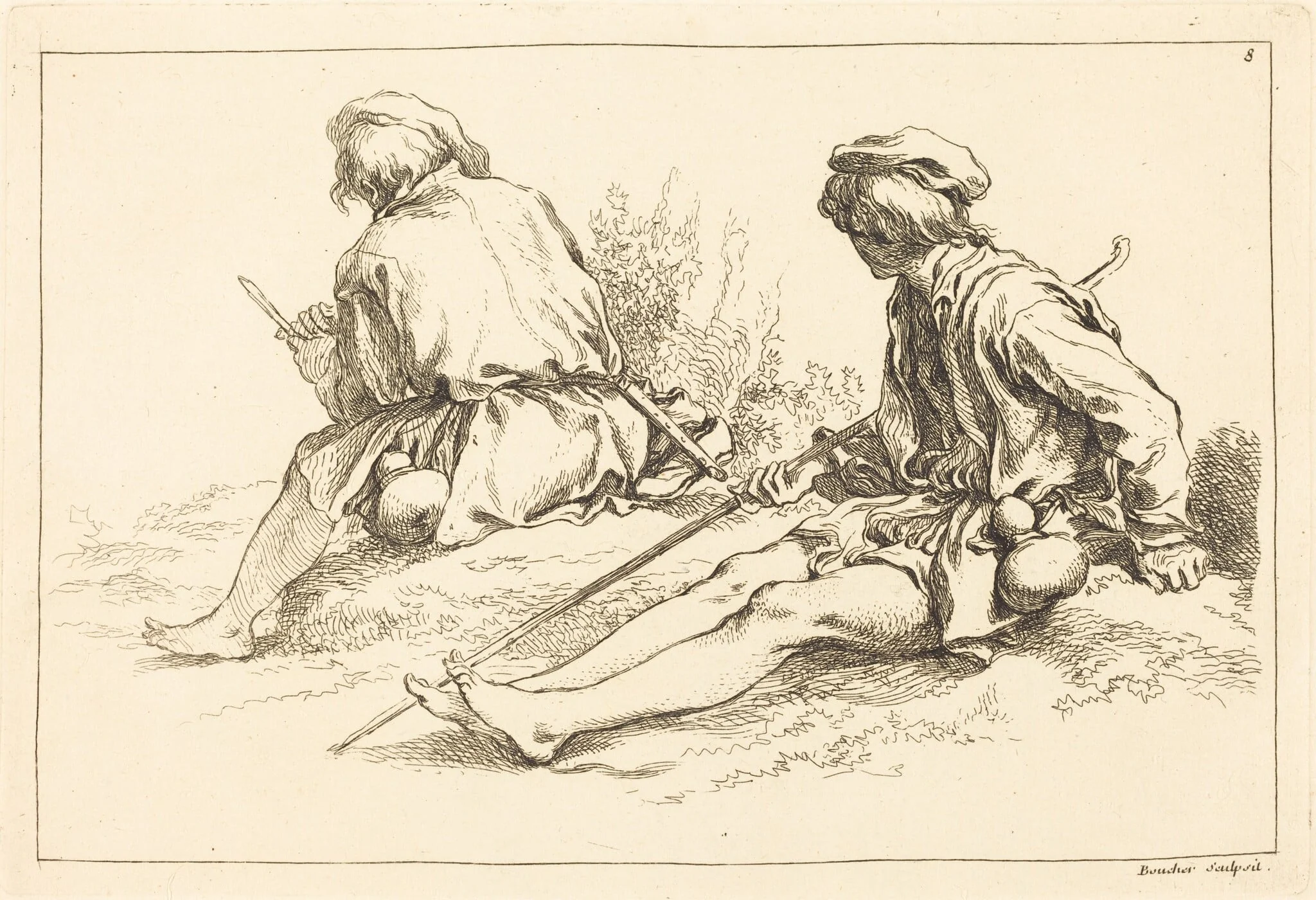 Seated Shepherd Boys, by François Boucher, ink, 1735