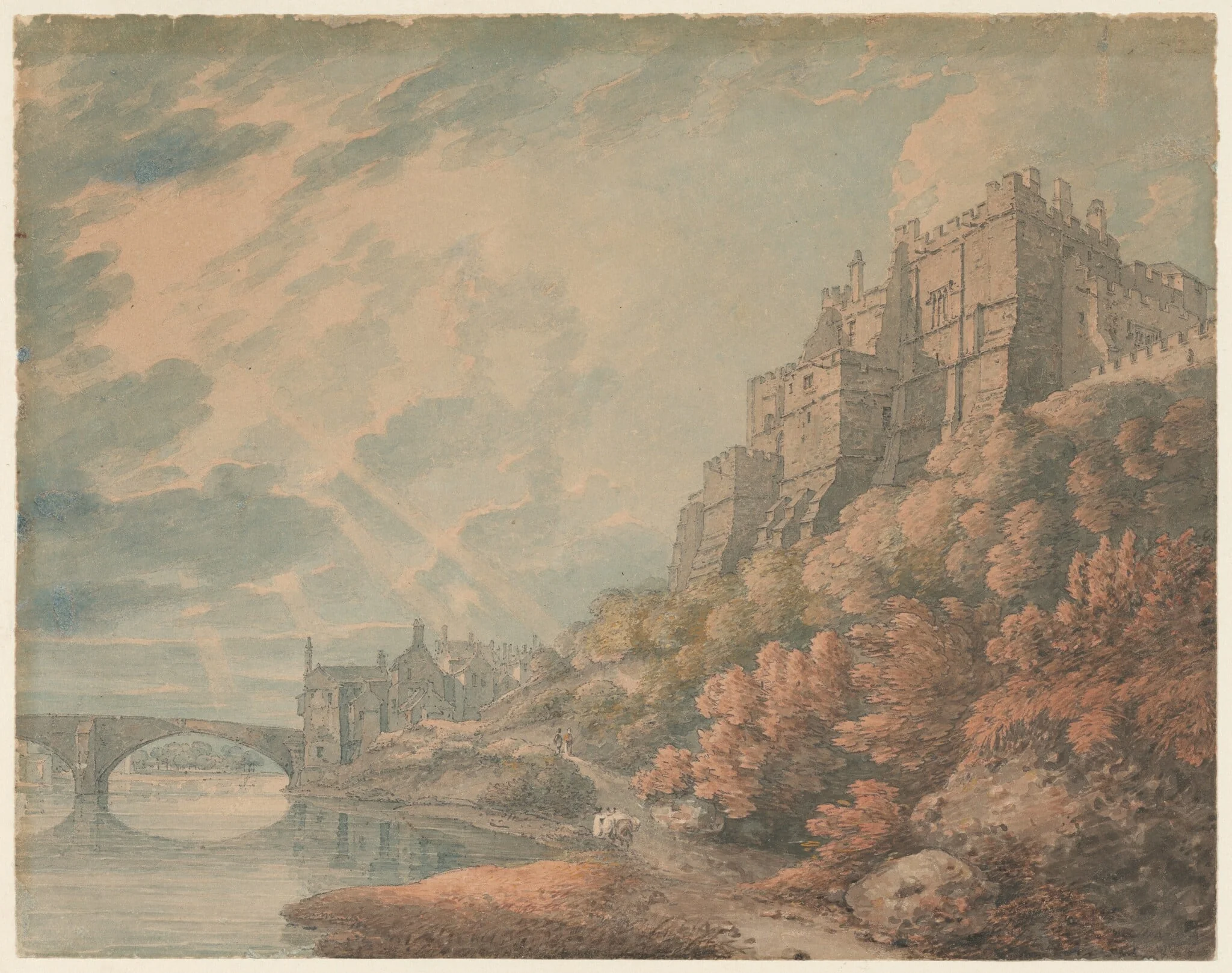 Durham Castle and Framwellgate Bridge from the Banks of the River Wear