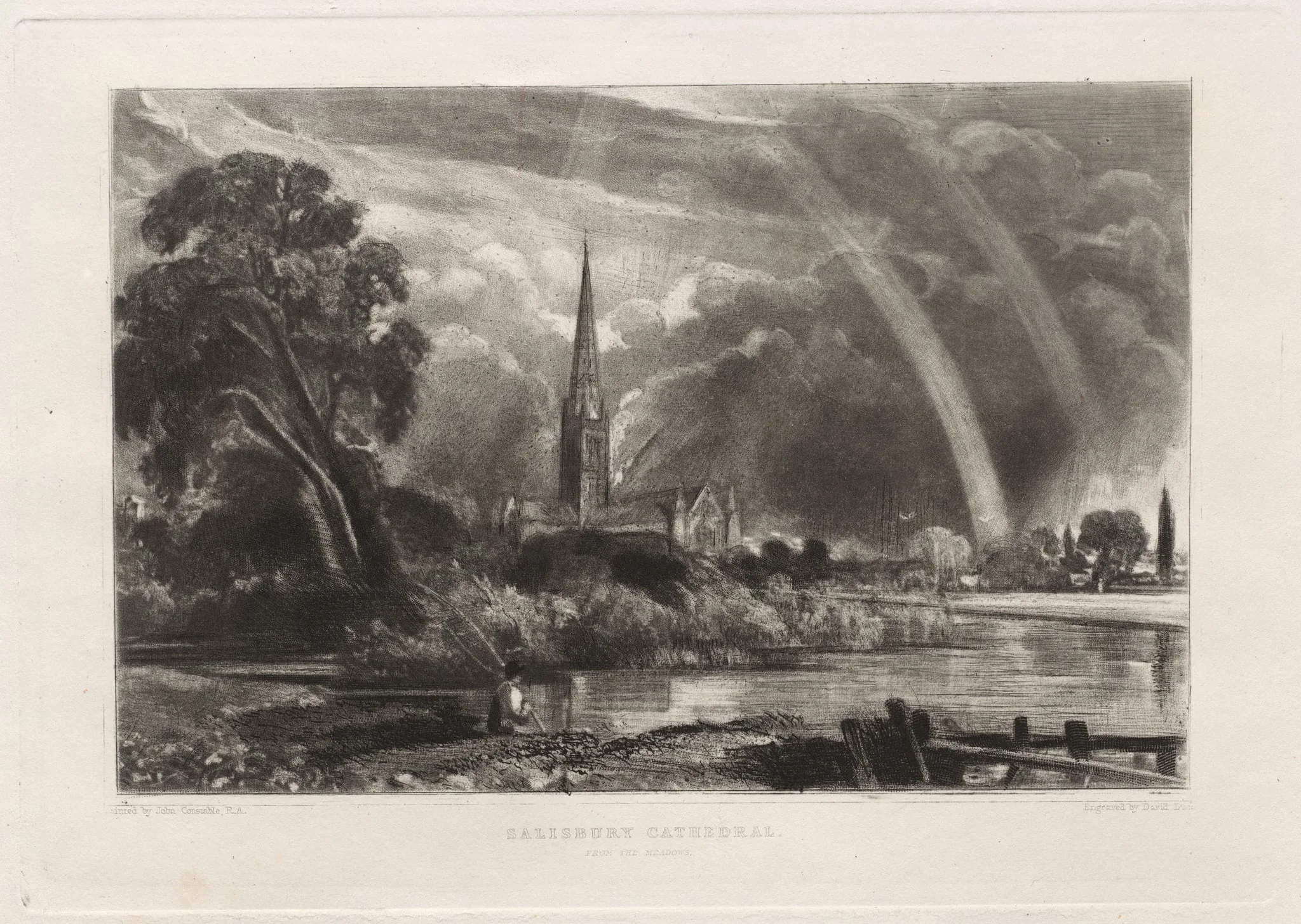 Salisbury Cathedral from the Meadows (Small Plate), by David Lucas, 1855