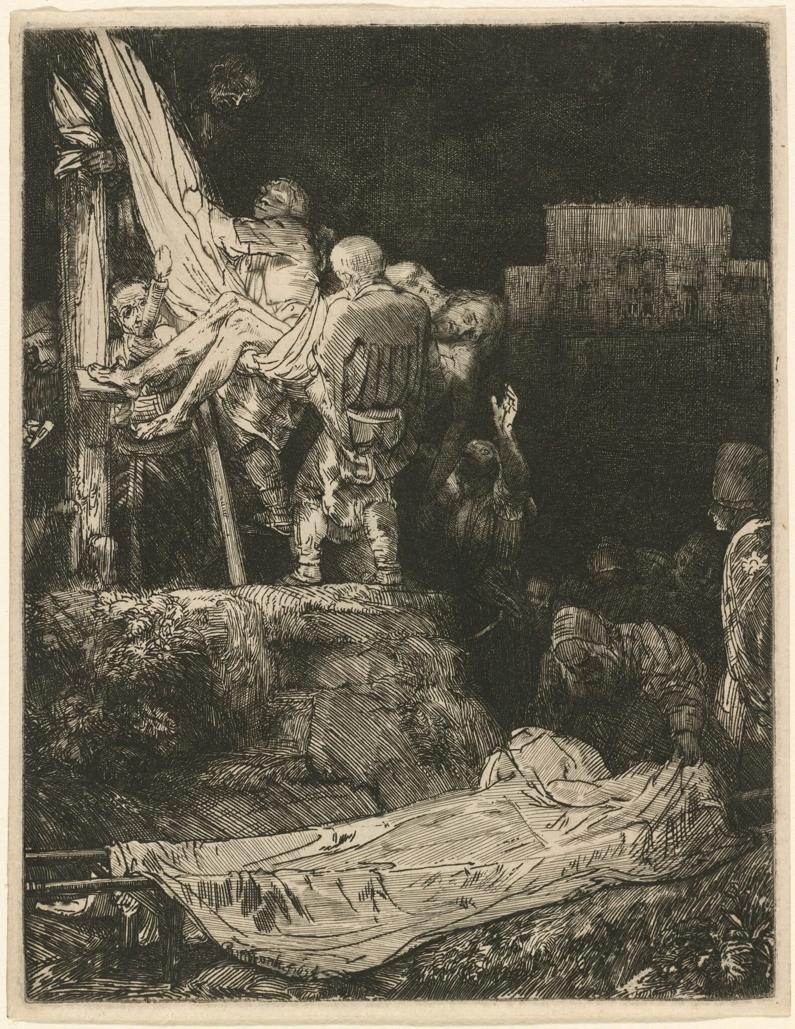 The Descent from the Cross by Torchlight, by Rembrandt, ink, 1654