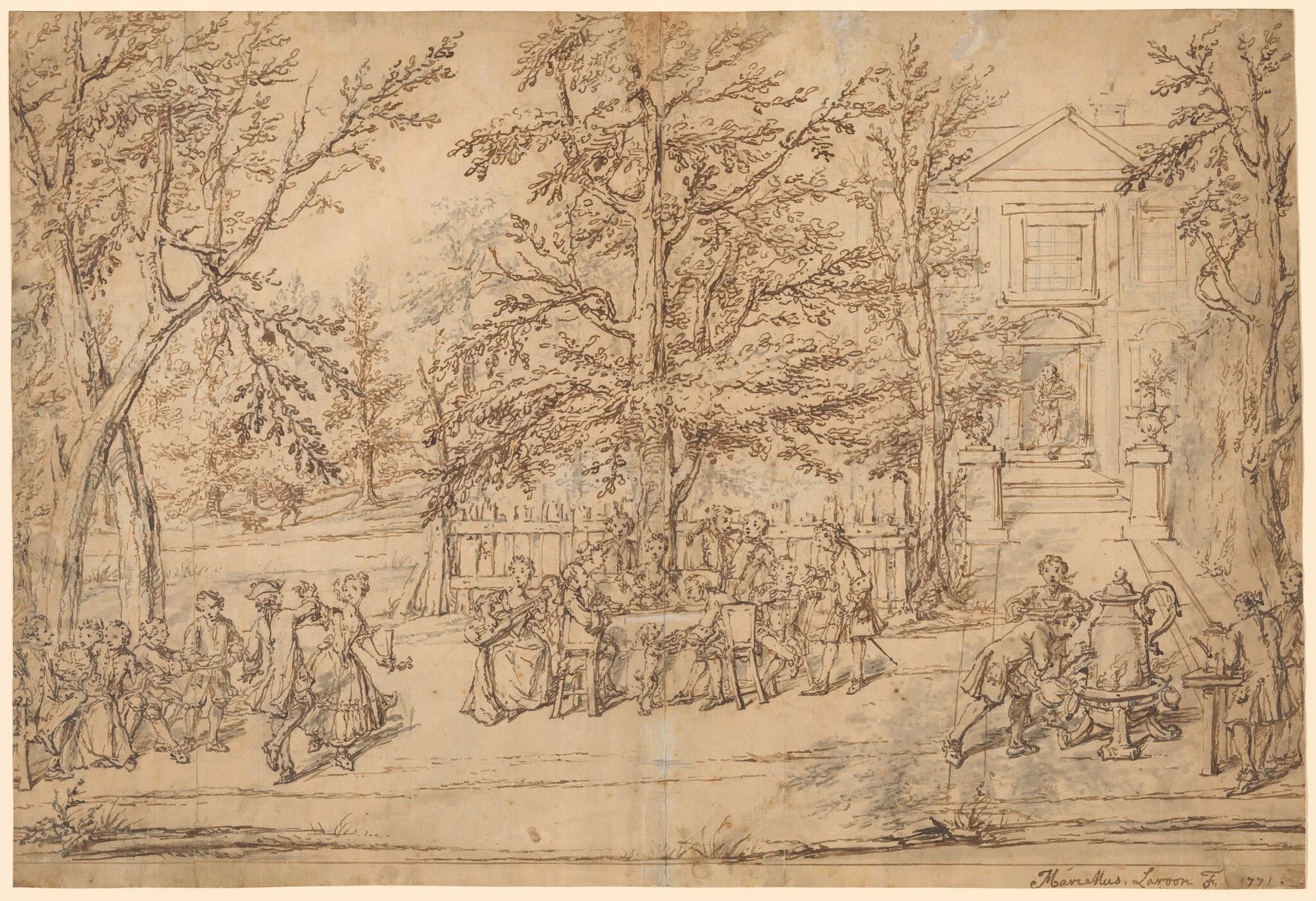 Garden Party at a Country House, by Marcellus Laroon II, ink, 1771