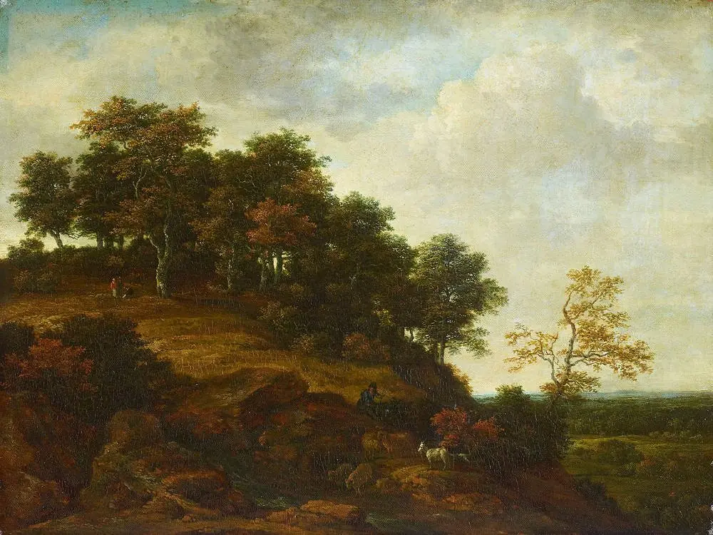 A hill with an oak wood and a little waterfall