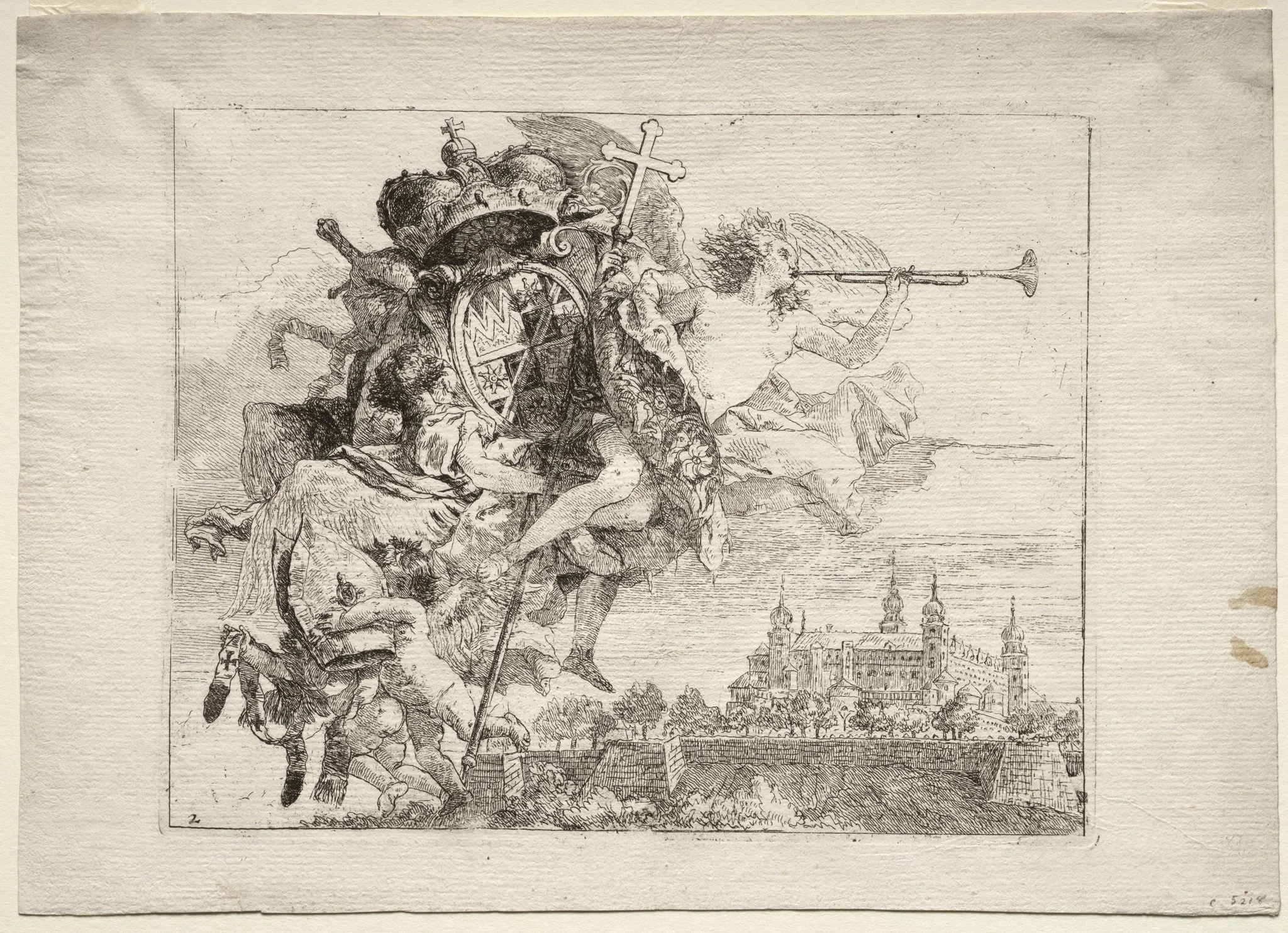 Flight into Egypt: Dedication with Winged Figure of Fame bearing the Arms of the Prince-Bishop of Wurzburg, by Giovanni Domenico Tiepolo, 1752